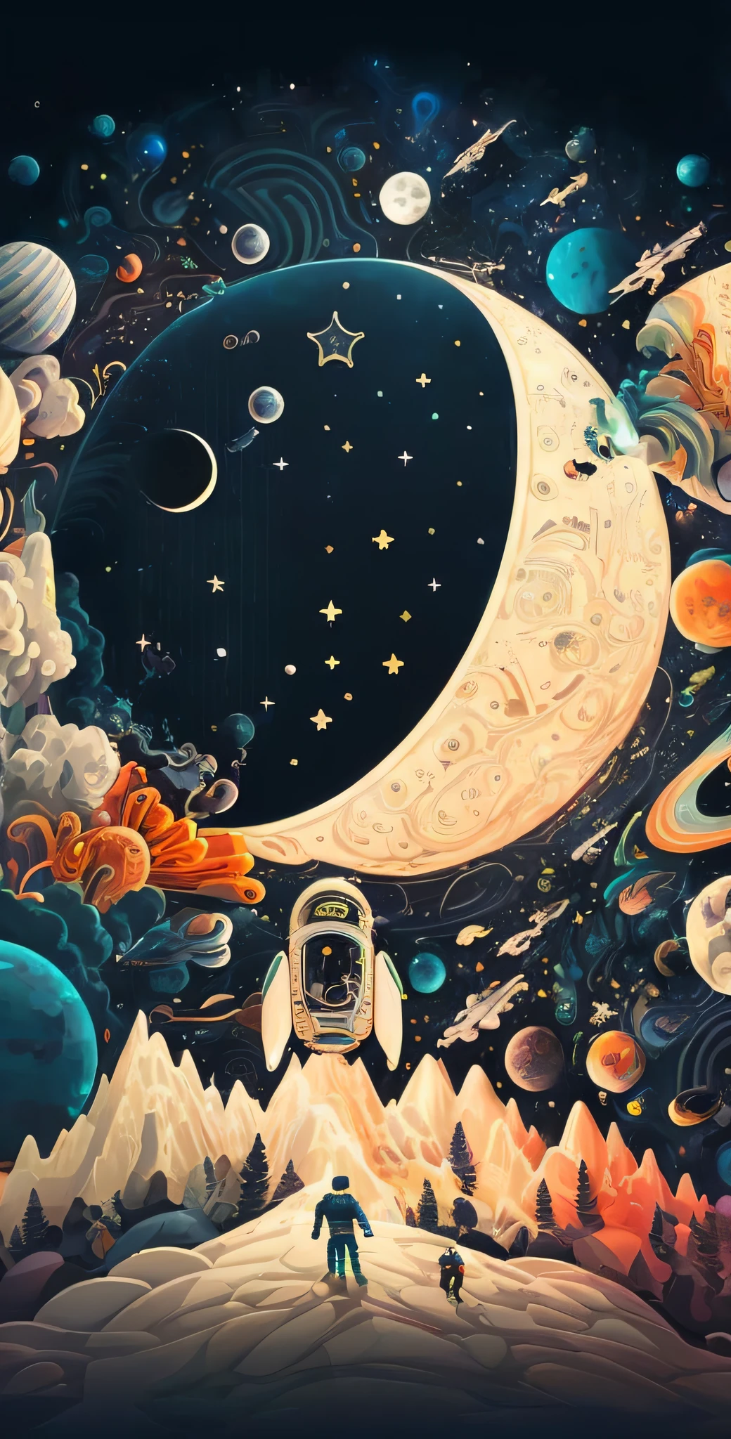 A painting of a man standing in front of a giant moon, Space art, Space travelling, Space travelling, space, amazing wallpapers, cosmic space, jen bartel, Surreal space, detailed dreamscape, painting of ornate space ship, psychedelic illustrations, psychedelic surreal art, great digital art with details, beautiful space, space themed, cosmic space, space theme, Space scene