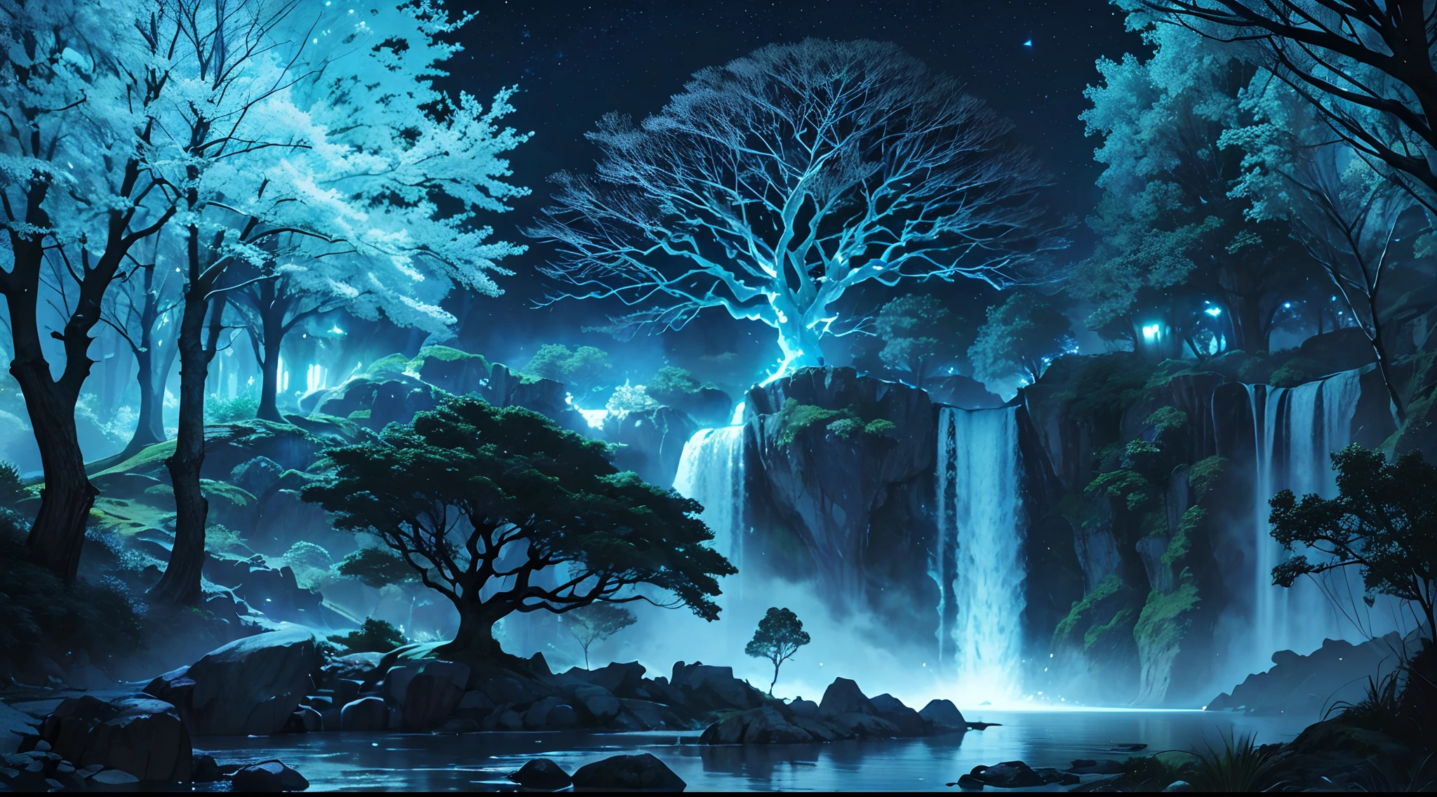 ultra detailed, beautiful and aesthetic, beautiful, masterpiece , mystery , atmospheric , fantastic , supernatural , best quality, dark cloudy night , 1 tree , very huge and very tall ancient fantasy tree , 1 huge blue glowing tree , tree splitting cloudy sky and moonlight beam coming down , flower field , few stone and cliff , shining tree , fantasy glowing bird around it , tree gathering blue glowing magic , blue shining river passes by the huge tree , river emitting blue magic , , river make waterfall , (ultra detailed scene) , (ultra detailed tree) , (ultra detailed moonlight beam) , (ultra detailed glowing river) , (ultra detailed waterfall)