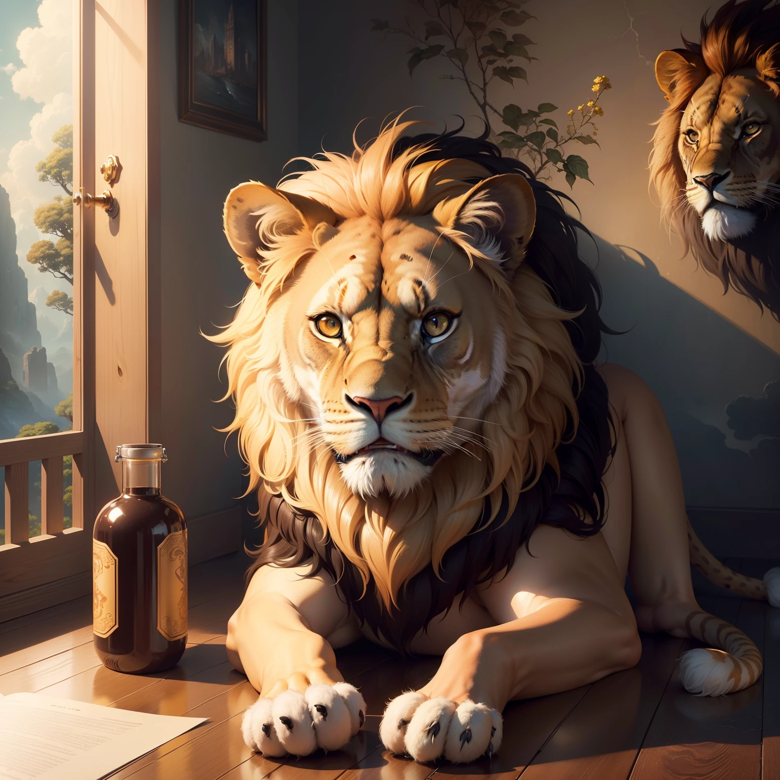 surrealistic), (illustratio), (hight resolution), (8K), (ighly detailed), (The best illustrations),, (top-quality), (ultra-detailliert), (masterpiece), (wall-paper),the Lion、Yuru Chara