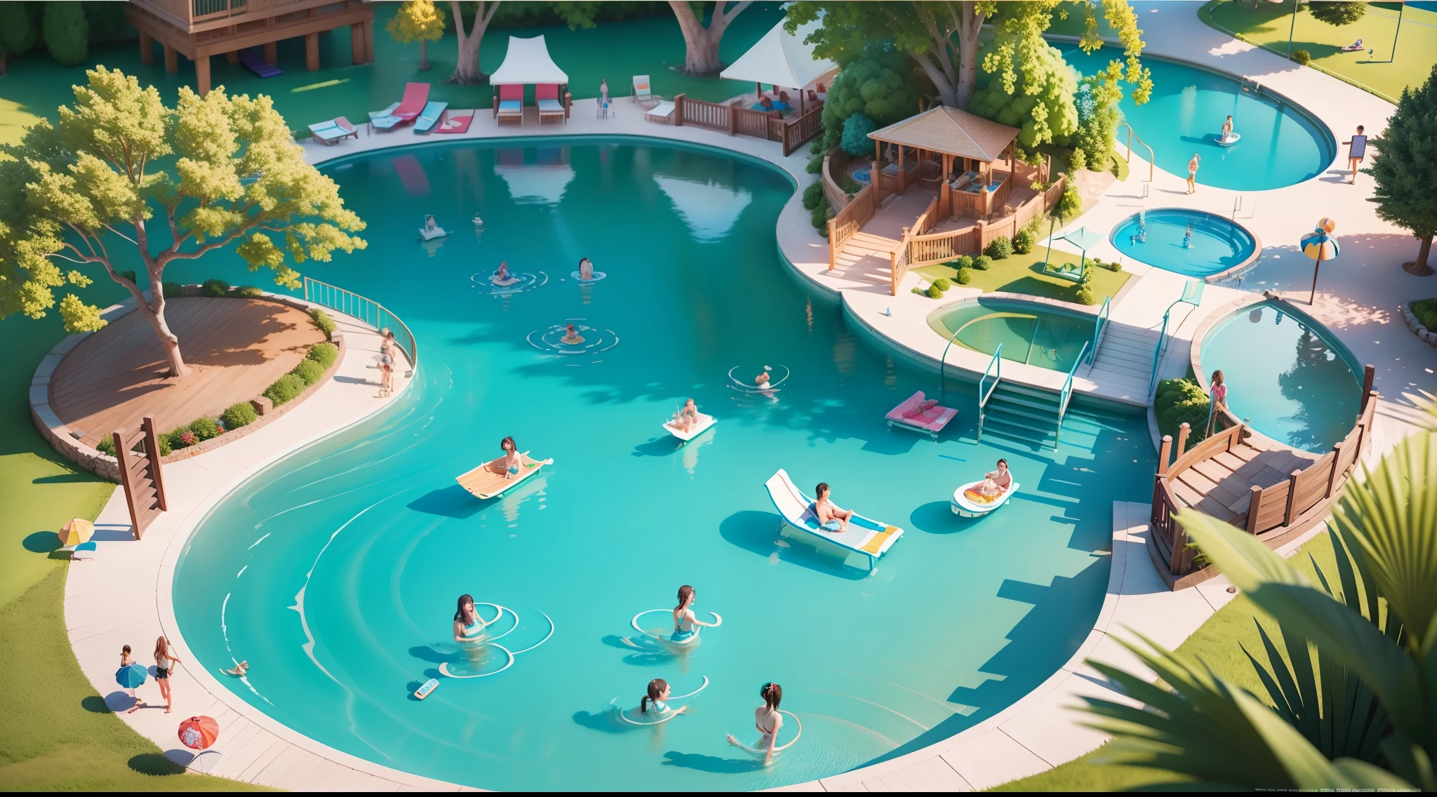 There is a poster with water park, water park, detailed 3D illustration, highly detailed watercolor 8 K, highly detailed 8K, water world, traditional art, commercial illustration, game illustration, modeling 3D art style, summer swimming party, featured art, official fan art, colorful