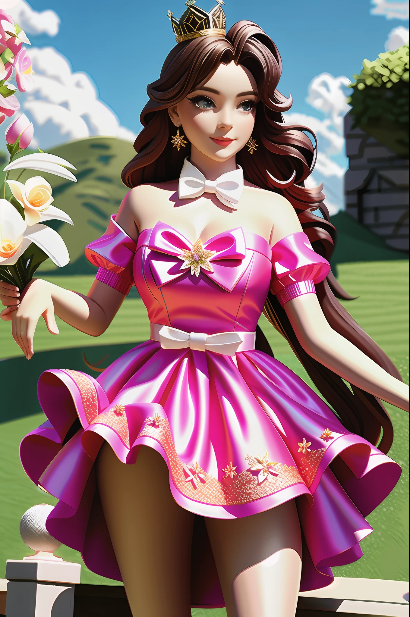 Masterpiece, Best quality, A high resolution, HMSL1, Medium hair, x hair ornamen, crown, pink flower, White dress, bridal garter, Bare shoulders, Wrist cuffs, frill dress, neck bowtie, Large breasts, Stage, day, sky, Cowboy shot, standing,