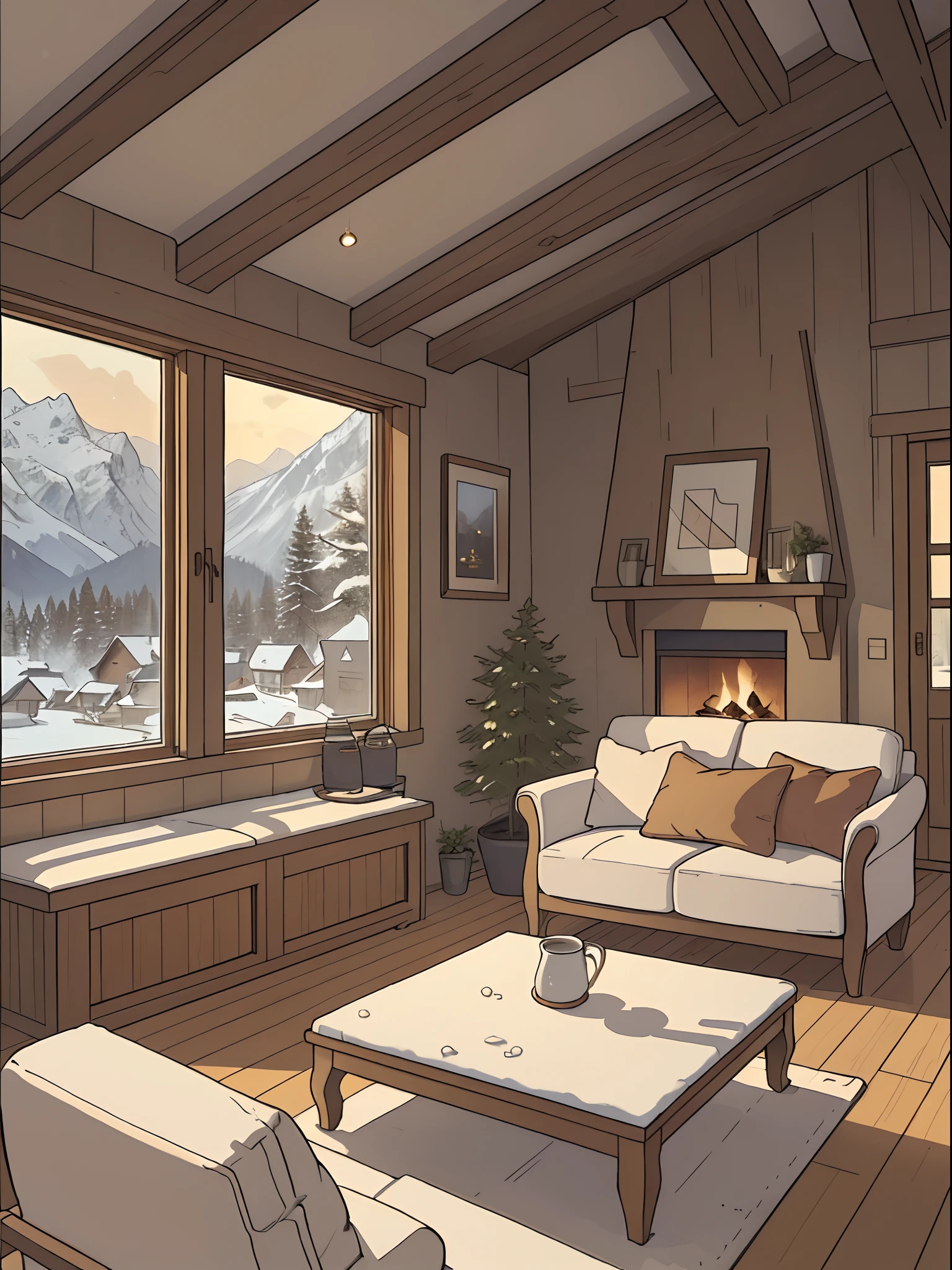 (Masterpiece,Best quality),differend angle of view,French window,coner,Warm,very simple,detailed back ground,Brown wooden house,interior living room,Snowy mountain scenery outside the window,skylights,doors,wooden floor,Small sofa,Greenery,fireplace,steins