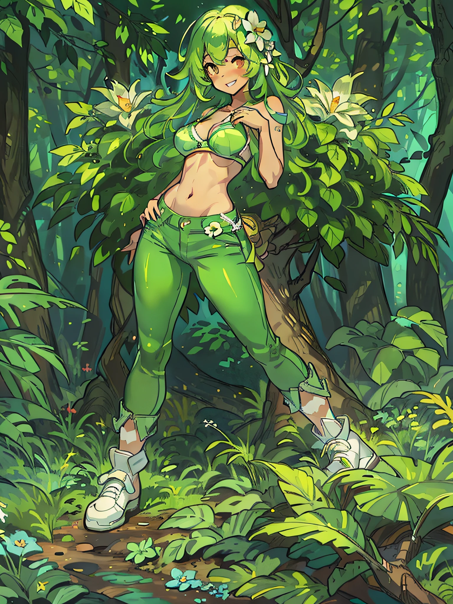 4M4L14, 1girl, masterpiece, hires, extremely detailed, (realistic:0.5), (colorfull), (HD), (wallpaper), (4k), green hair, midriff, flower, dark-skinned female, dark skin, long hair, hair ornament, brown eyes, hair flower, navel, bare shoulders, smile, (only bra:1.2), (plant bra:1.2), (underboob:1.2), (tight jeans:1.2), (green pants:1.3), (high leg panties:1.2), (glowing forest background:1.3), (tree), (glowing bugs), (beautifull background),