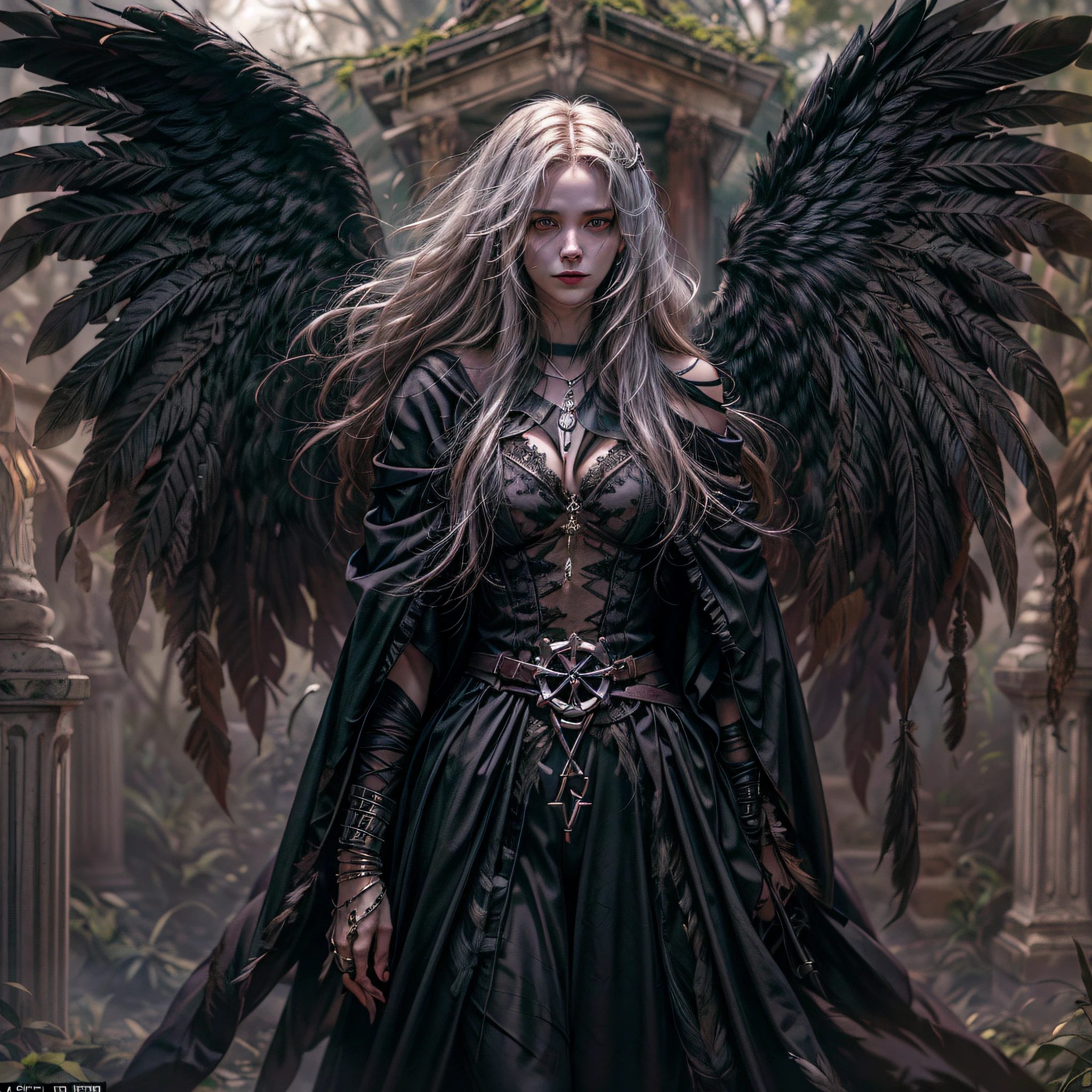 (Numerous award-winning masterpieces, with incredible detail, textures and maximum detail), (hyper realistic:1.4), (realistic:1.3), (best quality real texture skin), (finely detailed true circle eyes), (finely Detailed and beautiful face:1.6), ((medieval world)), (grim reaper:1.4), (icy look in the eye), (she has a nasty smile on her face but her eyes aren't smiling:1.3), (Full-length portrait:1.5), (It has a soul-reaping scythe in its hand:1.5), (Eyes that glow red in the dark), (Dramatic Light), (full-body standing image:1.5), (A majestic sight), Her countenance is gentle and beautiful, but somehow terrifying, (Large wings with ragged black feathers behind shoulders:1.3), (Wears a dark black hooded robe with intricate patterns:1.2), (A sack containing reaped souls with a faint glow:1.3), Folded wings, Earrings with a skull pattern, (Followed by Skeleton Reaper: 1.3), (((dramatic photo))), (twilight), (sunset), (dusk), ((dramatic pose)), (flamboyant photo), (golden hair), (silver hair), (chestnut hair), ((looks up)), ((looking down)), (gives full-body standing image:1.5), (Around her neck is a simple necklace of exquisite workmanship), Forgotten Tomb Overgrown with Vegetation, Great Tomb, Underground Labyrinth, Evil Temple Ruins, Sacrificial Temple, Mysteriously, (Magic Circle of Ominous Shine:1.2), Ancient Castle Ruins, Deserted Graveyard Ruins, Crumbled Ancient Tomb, Stagnant Water Ancient Ruins, Swamp Ruins, wavelets, running water, Shining majestic cloud masses and sky, lightning bolt,