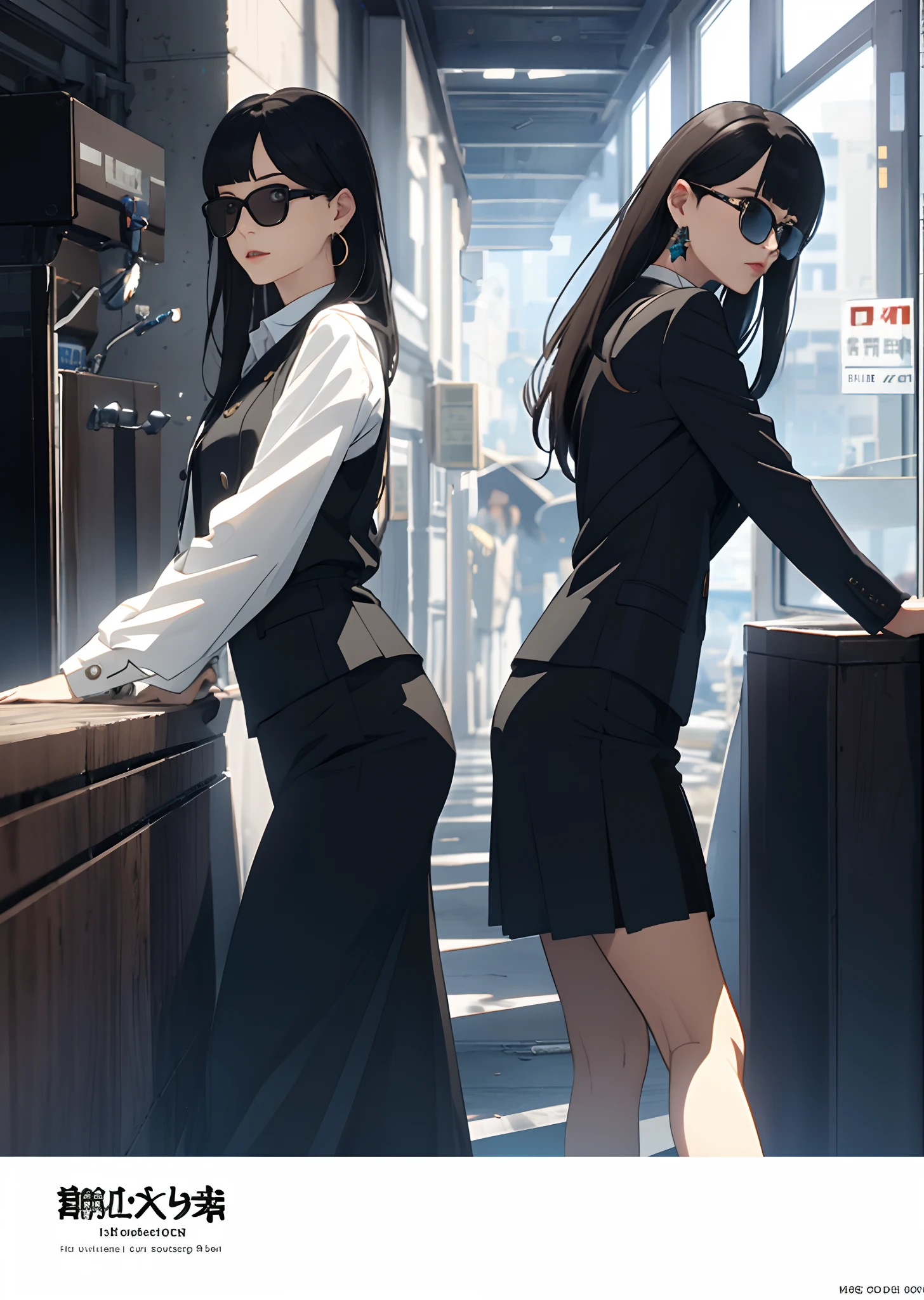 (tmasterpiece,best qualtiy:1.2),独奏,1girll,Evil look,looking at viewert,Brown eyes,long whitr hair,Completely black hair,Qi bangs,Commercial suit top,black long sleeves(The best quality),black short skirt,With translucent sunglasses on his face,beautidful eyes,Only 2 arms,Black hexagram star earrings, (Wallpapers), (8k hdr), (8k hdr)
