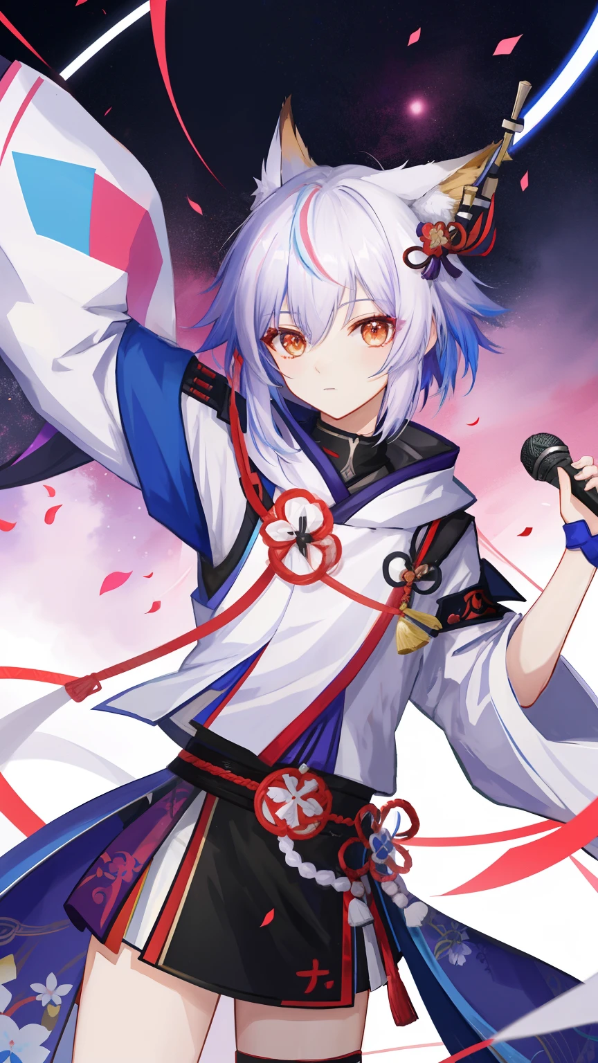 The anime character Shota stands in front of a colorful background，Stand in front of the microphone，Keqing from Genshin Impact, From Arknights, fox nobushi, Inspired by Bian Shoumin, Genshin impact's character, An anime cover, Genshin, zhongli from genshin impact, Genshin Impact style, White-haired fox, trending at cgstation