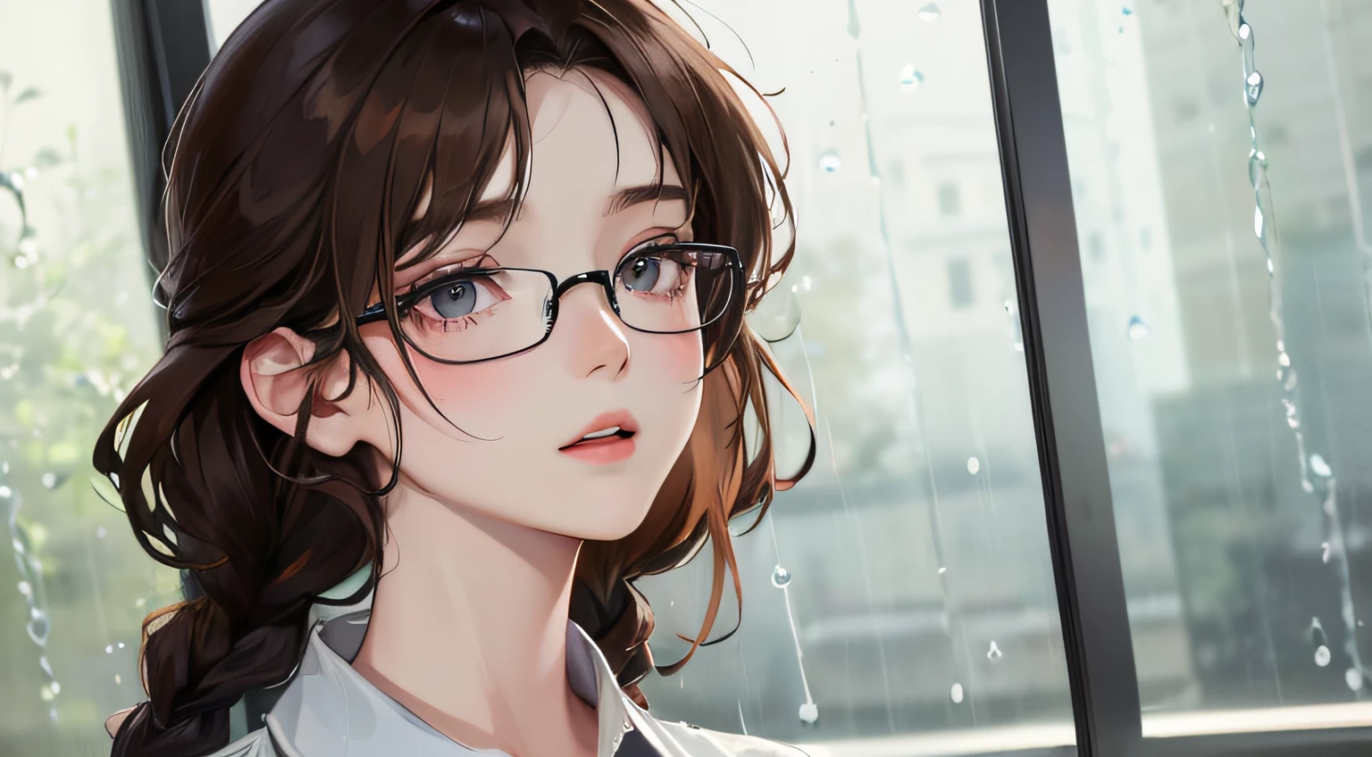 (((1人の女性)))、(Top resolution、Distinct_image) best qualtiy、(((Rain outside the window)))、((sideways Facing))、​masterpiece、ighly detailed、Semi-realistic、Brown hair、eye glass、Braided hairstyle、deadpan、bangss、21 years old、Mature、年轻、white  shirt、delicated facial features、Facial features、mid-shot、
