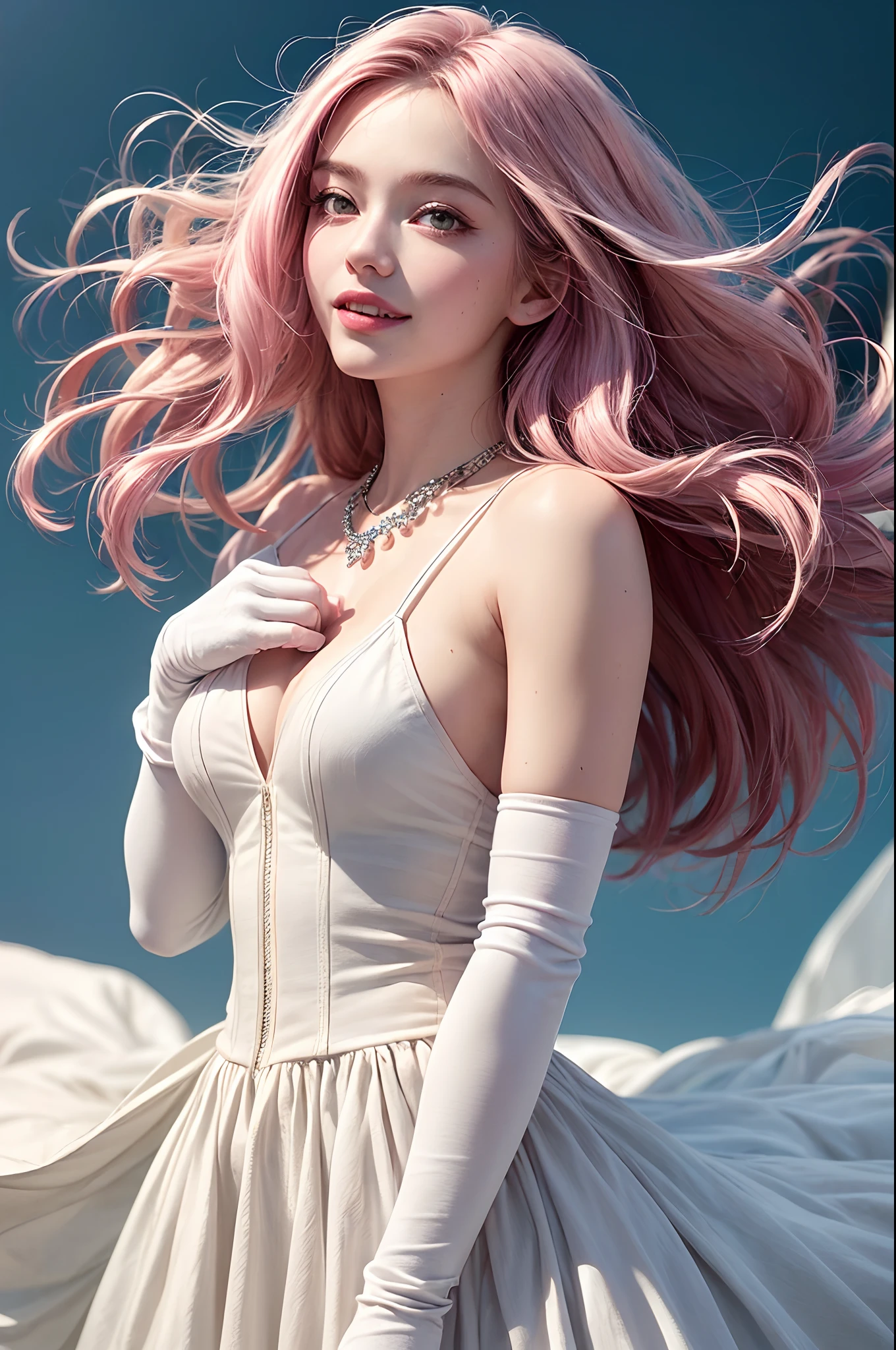(masterpiece,realistic, best quality:1.4), excited girl, 1girl, she is pointing out a person to the right hand side, wavy medium pink hair, floating hair by wind blow, solo, white gloves, gloves, white teeth smile, looking at someone, medium breasts, pink hair, jewelry, long hair, detailed face and eyes, delicate and beautiful,