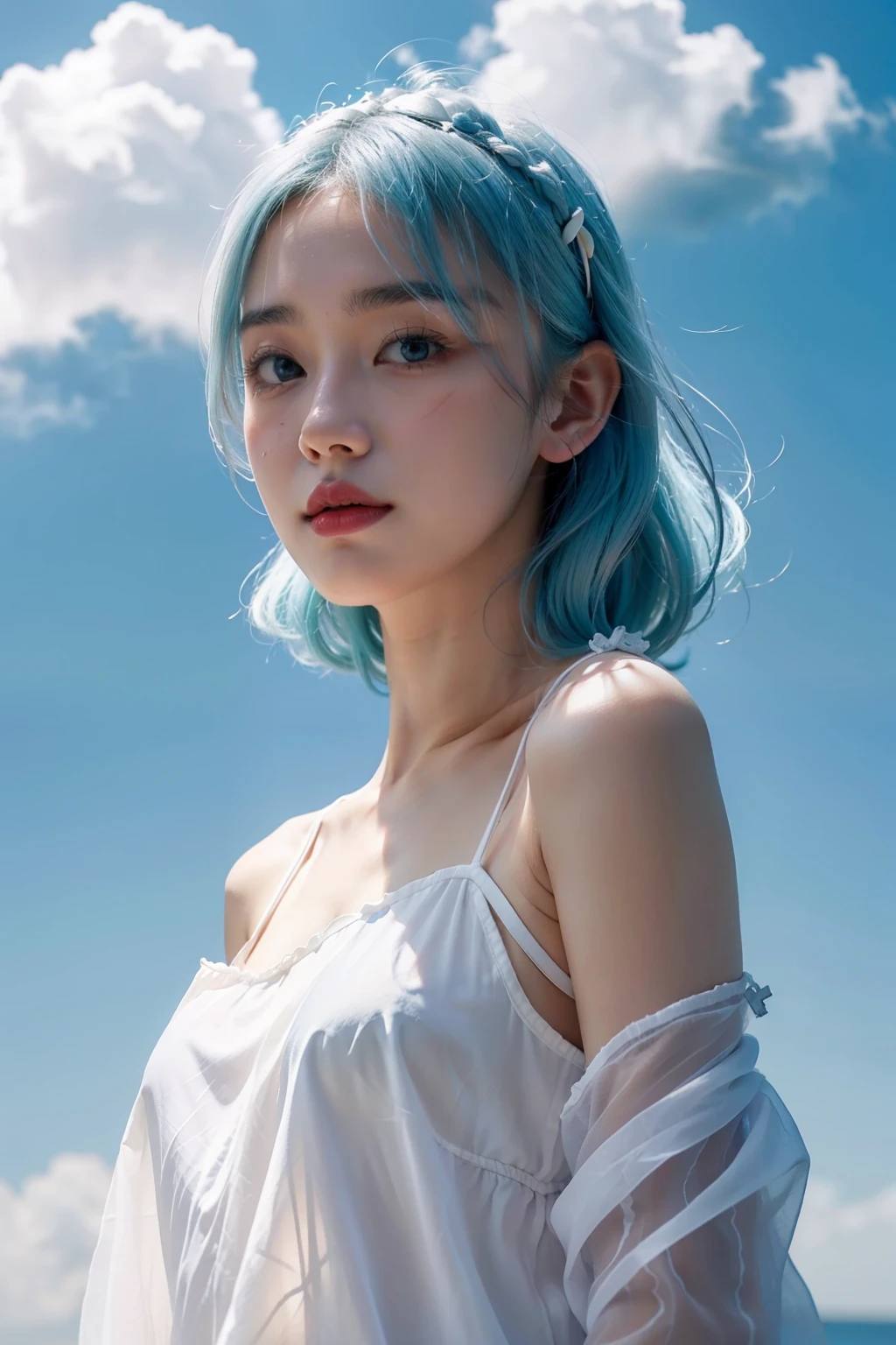 1girll，White peach girl，Cloud，Glowing skin，blue hairs。