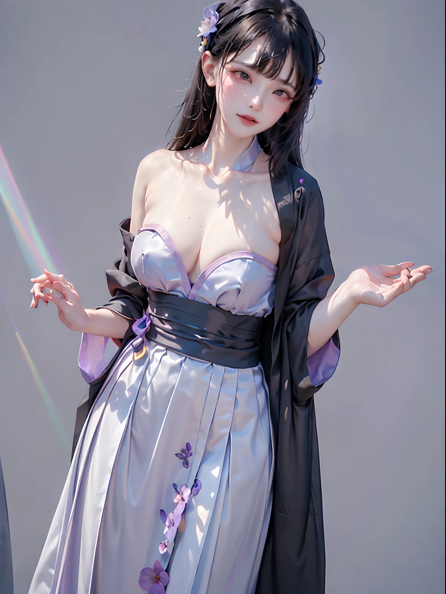 masterpiece, black_hair, 1 girl, looking at the audience, long_hair, nail_polish, solo, ancient art, Chinese,(8k, best quality, masterpiece:1.2), (realistic, realistic:1.2), (background sky: 1.2), (face close-up: 1.7), looking at the audience, hanfu, 1girl, (purple flower pine ink: 1.1), face close-up, detailed face, hanfu, song, long shan, pleated skirt，cinematic lighting, motion blur, ray tracing, god rays, bloom, drop shadow, close-up, lens flare, UHD, masterpiece, ccurate, anatomically correct, textured skin, super detail, high details, high quality, award winning, best quality, highres, 16k, HD, face close-up, close-up, close-up, accurate, correct hand, (anatomically correct: 1.5),