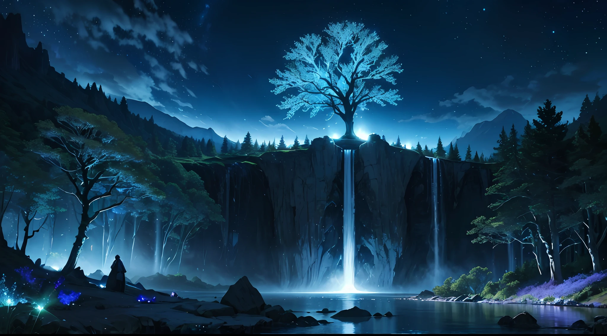 ultra detailed, beautiful and aesthetic, beautiful, masterpiece , mystery , atmospheric , fantastic , supernatural , best quality, dark cloudy night , 1 tree , very huge and very tall ancient fantasy tree , 1 huge blue glowing tree , tree splitting cloudy sky and moonlight beam coming down , flower field , few stone and cliff , shining tree , fantasy glowing bird around it , tree gathering blue glowing magic , blue shining river passes , river emitting blue magic , river make waterfall ,  fantasy aurora , (ultra detailed scene) , (ultra detailed tree) , (ultra detailed moonlight beam) , (ultra detailed glowing river) , (ultra detailed waterfall) , (ultra detailed aurora)