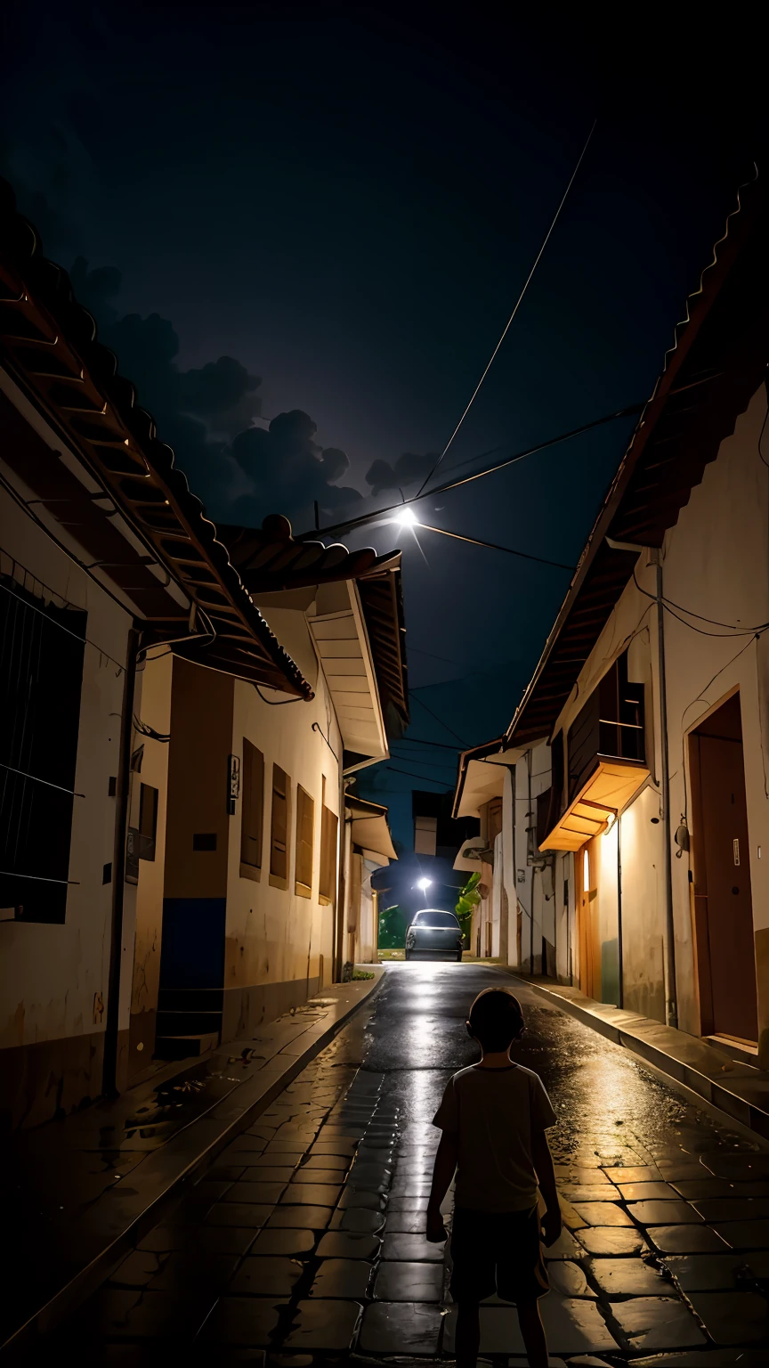 highres, imagination, (realista), Rua escura, poste iluminando a cena, garoto sentado observando uma flor em destaque no asfalto, a chuva fina cai, A church with a cross makes up the cenatio