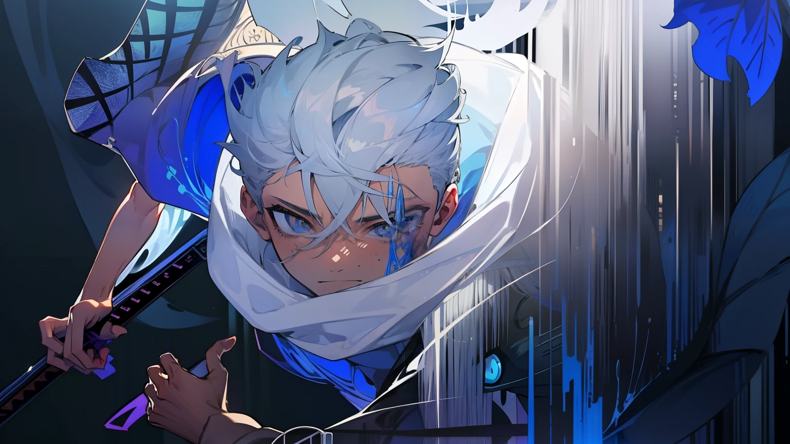 Melhor qualidade, extremely high-resolution, obra-prima, boy,silver hair, Blue iris