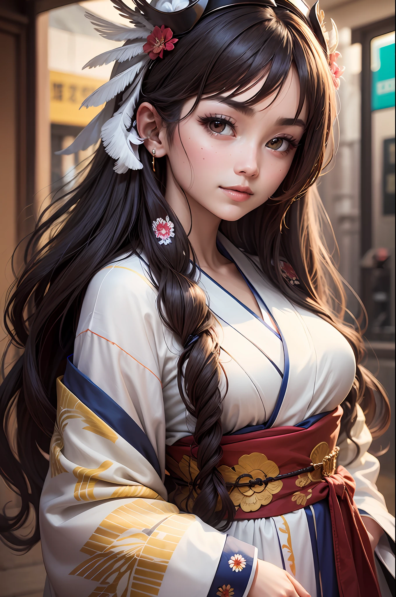 （RAW photos，HighestQuali），（realisticlying，realisticlying：1.3），HighestQuali，k hd，tmasterpiece，super detailing，illustratio，1girll，upper_body，dynamic angle，，messy_long_hair，high qulity，highly detailed CG Unity 8k wallpapers，ink，Wonderful，astounding，cinmatic lighting，lens_flare，dunhuang_styled，brunette color hair，Kimono with white，small，plumage，ssmile，SakuraNS，intelligent，jpn，The upper part of the body，Gasso，  
redheadwear --auto --s2