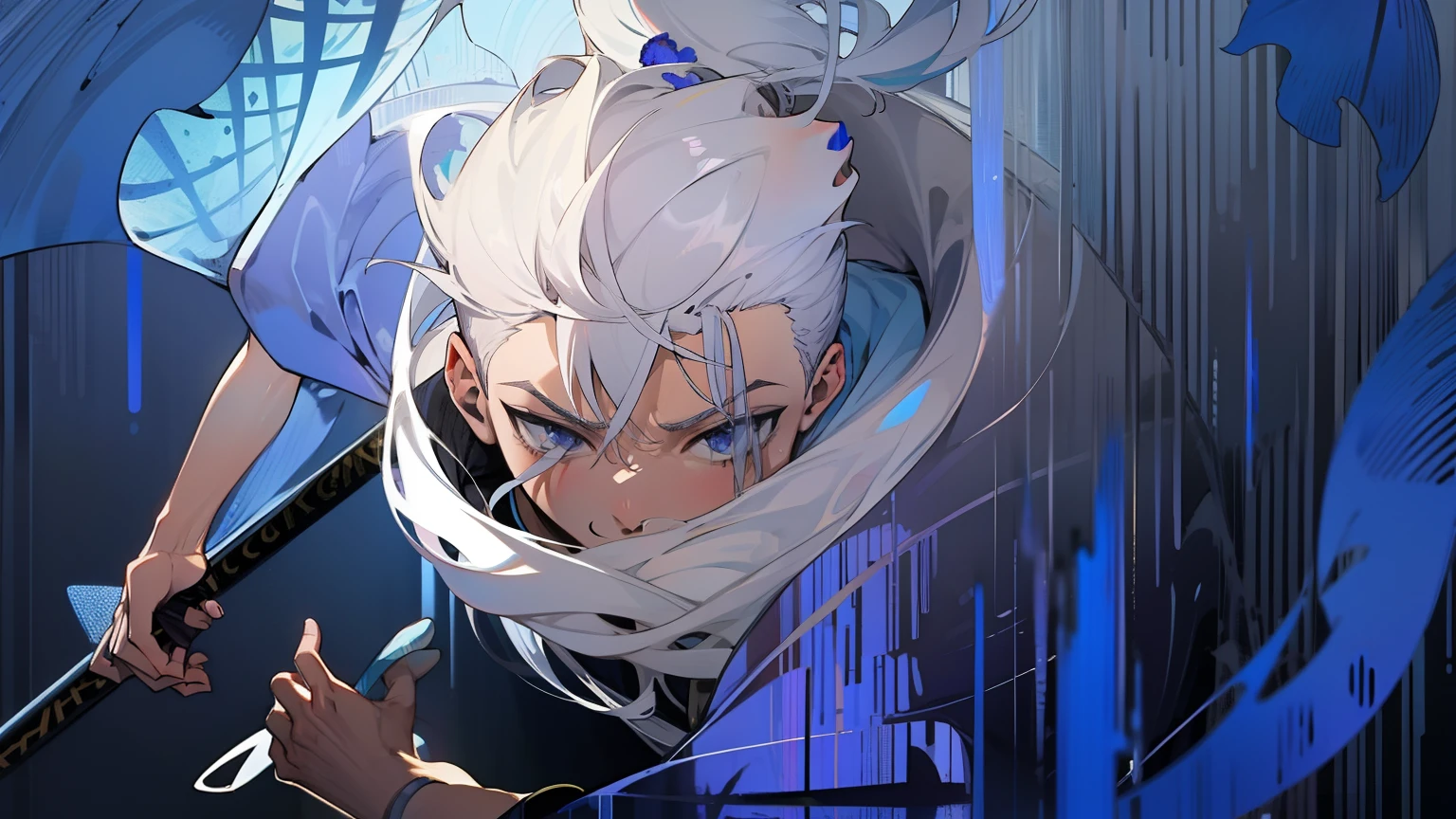 Melhor qualidade, extremely high-resolution, obra-prima, boy,silver hair, Blue iris