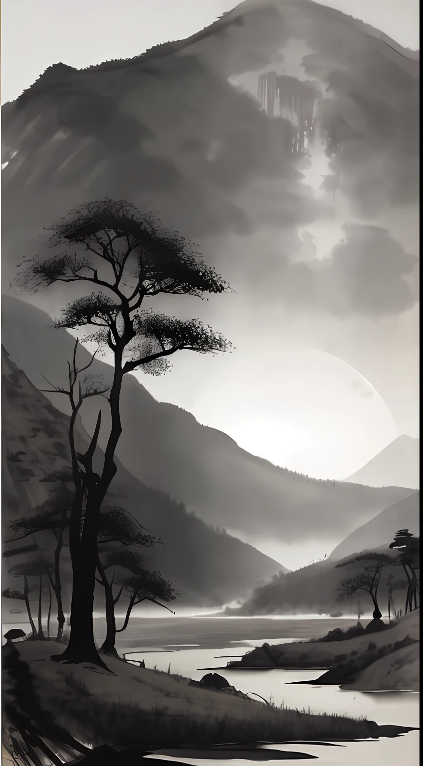 ink and watercolor painting，Draw on rice paper，Use thick and light ink to create light and dark variations and layers，Pick the right ink color，Such as deep black、Thick gray、Light coffee, etc，to express different situations and atmospheres，Control the gradient and transition of ink color by the humidity and consistency of the ink，mont，Eau，the trees，Lake surface，Bleak, Desolate, Solitude，A huge full moon rises over the horizon，Cool moonlight，Black and white tones，dead tree， Traditional Chinese Ink Painting, Traditional Chinese art, author：Guo Xi, author：Ma Yuanyu, Traditional Chinese painting, author：Xu Xi, author：Luo Mu, author：Yang Buzhi, author：Li Kelan, author：Gu An, Ink painting ) ) ) ), Chinese ink painting, Chinese painting style