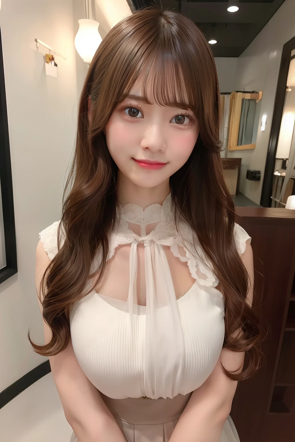 1girl、top-quality、masterpiece、illustratio、extremely delicate and beautiful、A highly detailed、CG、8k壁纸、astonishing、Attention to detail、masterpiece、top-quality、art by、Highly detailed CG 8k wallpapers、huge filesize、ultra-detailliert、hight resolution、ighly detailed、a beautiful detailed girl、extremely detailed eye and face、beatiful detailed eyes、(RAW Photography、top-quality)、(realisitic、Photorealsitic:1.3) 、Lights on the face、full bodyesbian、Full body buckshot、(Brown hair:1.3)、length hair、((Puffy eyes)), (K-pop idols), (Charming), bangss, skiny, ((Pose cute in front of the camera)), (a smile), happiness,watching at viewers、Dark eyeliner、Lots of eyelashes、Blushing cheeks、ssmile、natta、Tropical Resort Cute、Brown eyes、huge tit、爆乳、