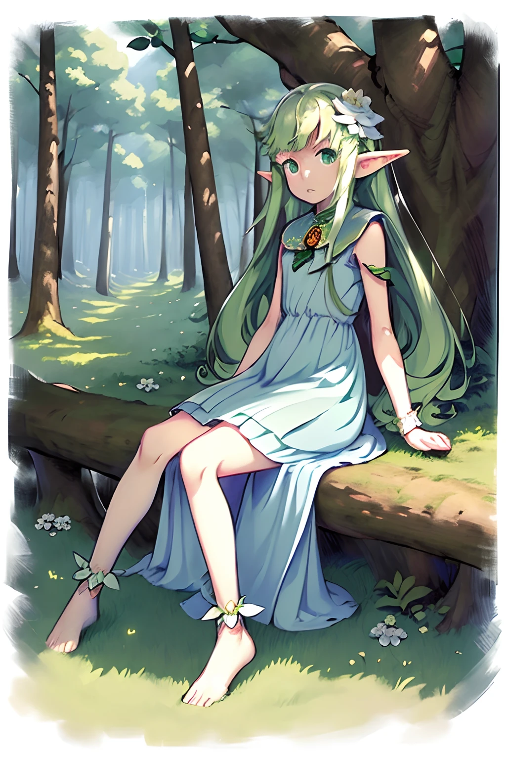 (masterpiece,best quality,illustration,official art:1.05),(tachi-e:1.12),full body,sitting,looking at viewer,solo,1girl,elf girl,long hair,green hair,[green|blue] eyes,dress,white hair flower,hair ornament,(age8),(child),wind,leaf,tree,forest,