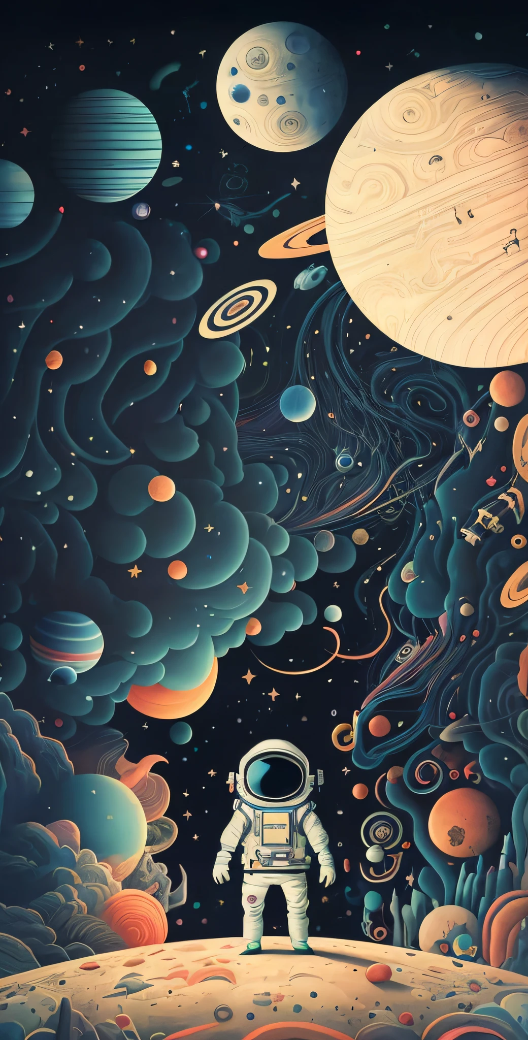 A man in an astronaut suit stands on a planet with planets, Surreal space, cosmic space, space clouds, psychedelic illustrations, cosmic space, outerspace, amazing wallpapers, space, Psychedelic atmosphere, surreal psychedelic design, psychedelic surreal art, trippy art, Space travelling, detailed dreamscape, Space art, cosmic and colorful, very coherent stylized artwork, view of the cosmos