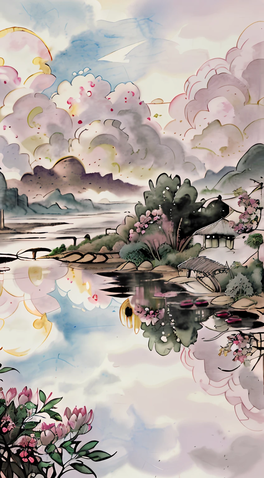 A faint flying bridge spanned in the smoke，Iwaso asked the fishing boats to the west。Peach blossoms flow with water all day long，Where is the cave on this side of Qingxi（A landscape painting full of illusory artistic conception）,（There is a huge ripple pool）,（There are a lot of scattered ones floating on the surface of the pond(Light pink peach blossoms:1.2)of flowers）,There are some old thatched huts by the pond,(A river that flows into the distance,(fishing boat:1.2)）,（There is a piece on the shore(Peach grove:1.2),(Pale pink flowers）,（The setting sun shines obliquely through the clouds）,（The whole painting is made with distinctly black ink:1.3),（Light particle effect）,（Masterpiece）,（Extremely detailed picture description）,（8k wallpaper）,（Master painting）,（Ink painting style is strong:1.2）,（Noticeable light and shadow effects）,（Ray traching）,（Obvious layers）,（depth of fields）,（best qualityer）,Ray