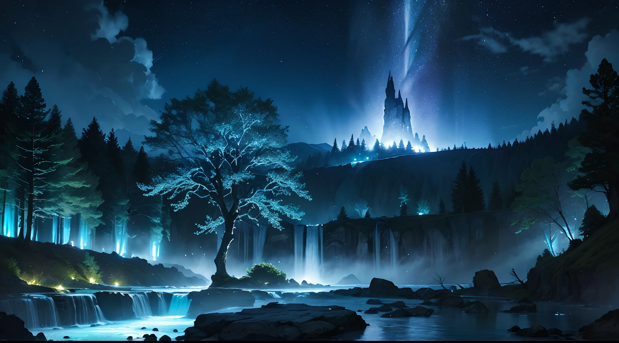 ultra detailed, beautiful and aesthetic, beautiful, masterpiece , mystery , atmospheric , fantastic , supernatural , best quality, dark cloudy night , 1 tree , very huge and very tall ancient fantasy tree , 1 huge blue glowing tree , tree splitting cloudy sky and moonlight beam coming down , flower field , few stone and cliff , shining tree , fantasy glowing bird around it , tree gathering blue glowing magic , blue shining river passes , river emitting blue magic , river make waterfall ,  fantasy aurora , (ultra detailed scene) , (ultra detailed tree) , (ultra detailed moonlight beam) , (ultra detailed glowing river) , (ultra detailed waterfall) , (ultra detailed aurora)