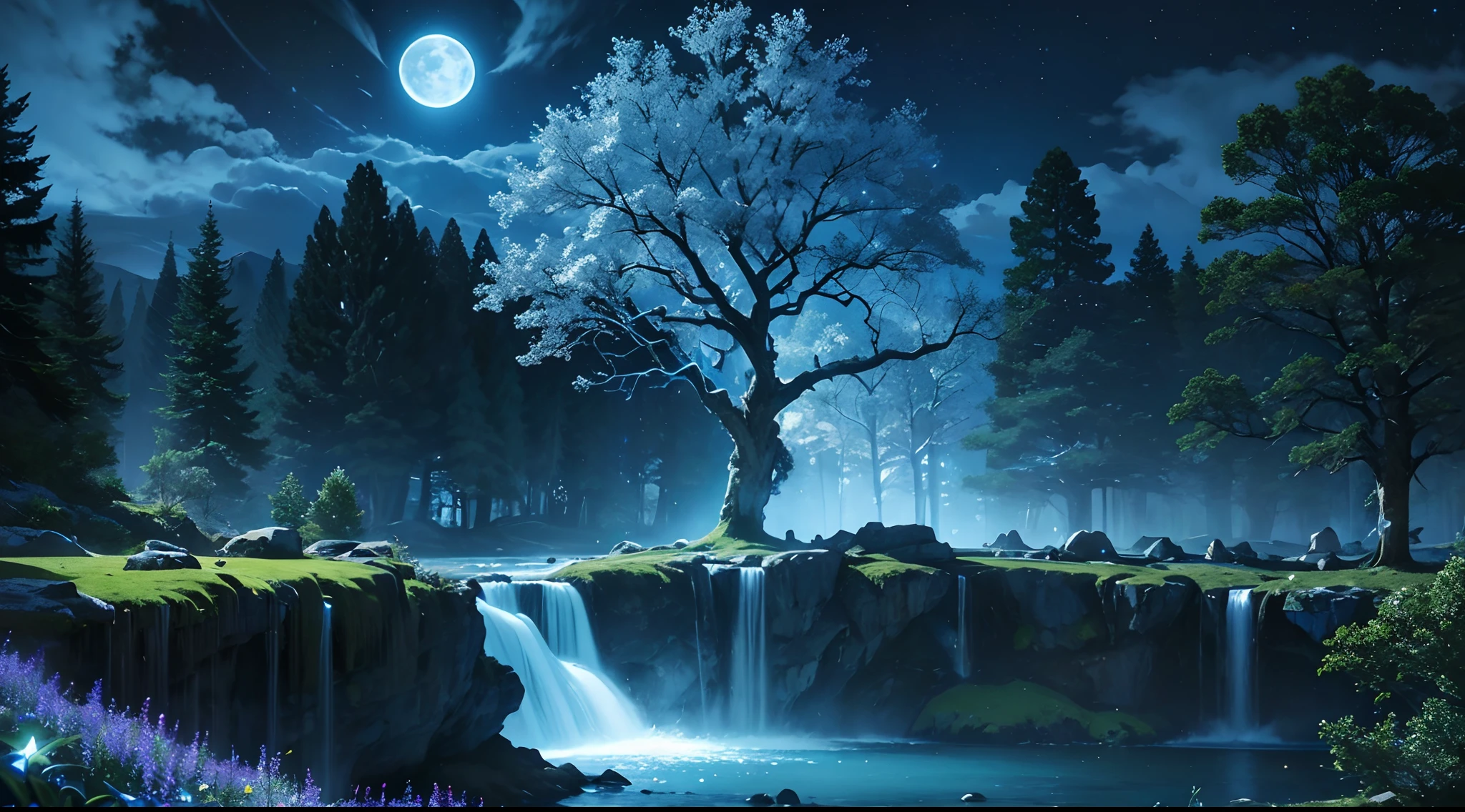 ultra detailed, beautiful and aesthetic, beautiful, masterpiece , mystery , atmospheric , fantastic , supernatural , best quality, dark cloudy night , 1 tree , very huge and very tall ancient fantasy tree , 1 huge blue glowing tree , tree splitting cloudy sky and moonlight beam coming down , flower field , few stone and cliff , shining tree , fantasy glowing bird around it , tree gathering blue glowing magic , blue shining river passes , river emitting blue magic , river make waterfall , fantasy aurora , (ultra detailed scene) , (ultra detailed tree) , (ultra detailed moonlight beam) , (ultra detailed glowing river) , (ultra detailed waterfall) , (ultra detailed aurora)