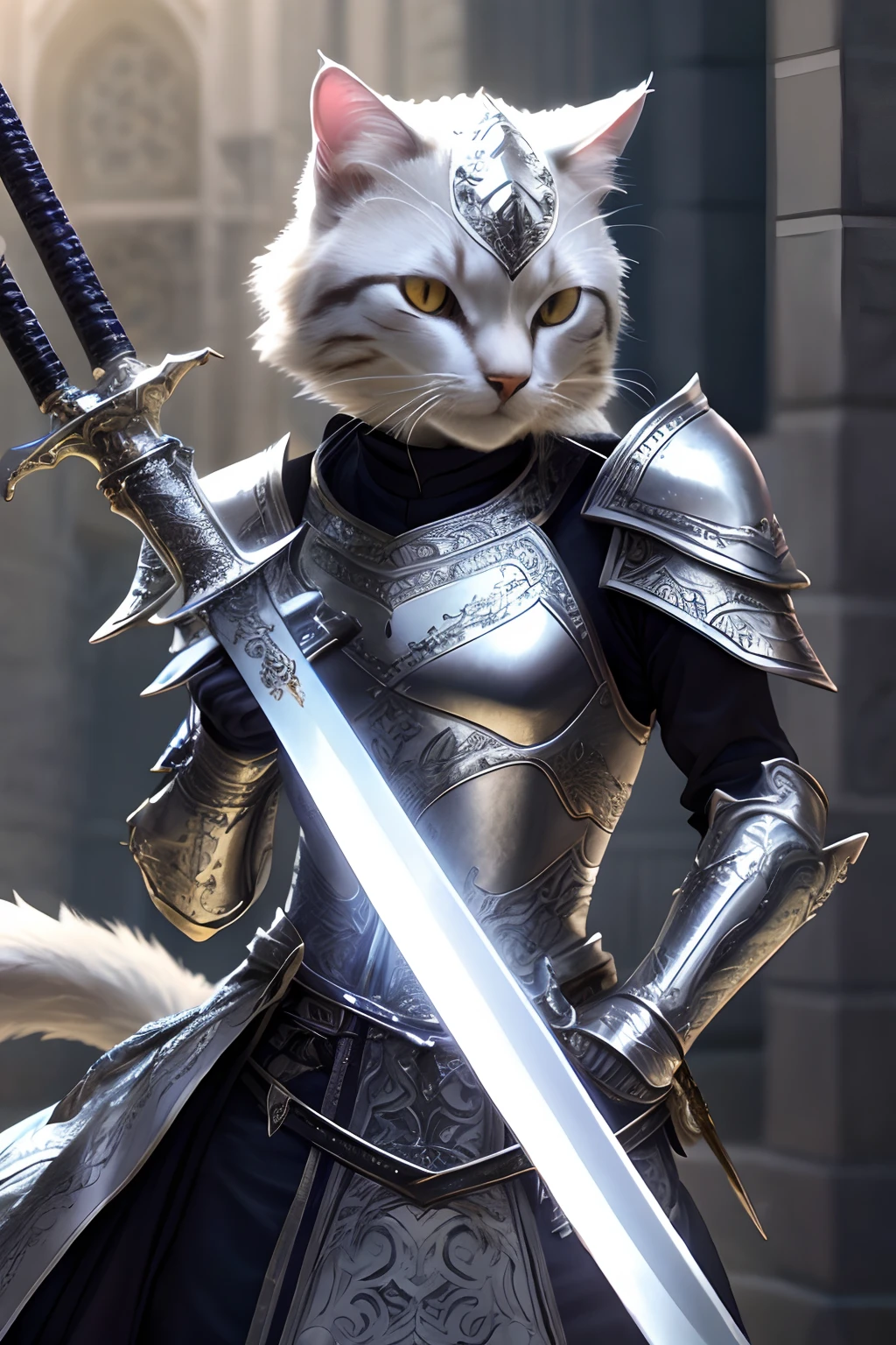 Cat with a sword,Fine clothing, intricatedesign, Silver, Silk, Cinematic lighting, 4K,Outside the church。