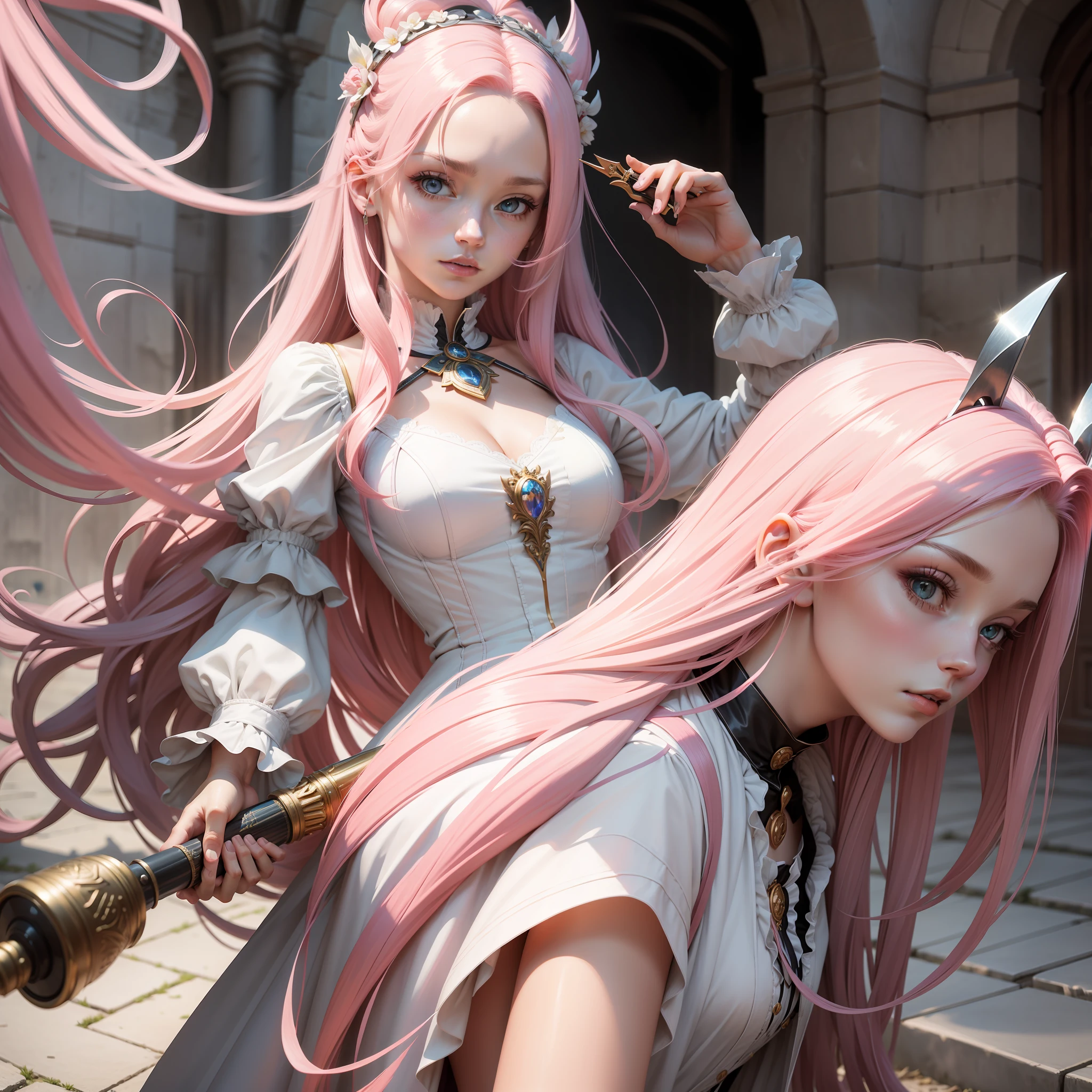 masterpiece，Alice, the goddess of victory，long whitr hair，Pink gel coat，handheldweapons