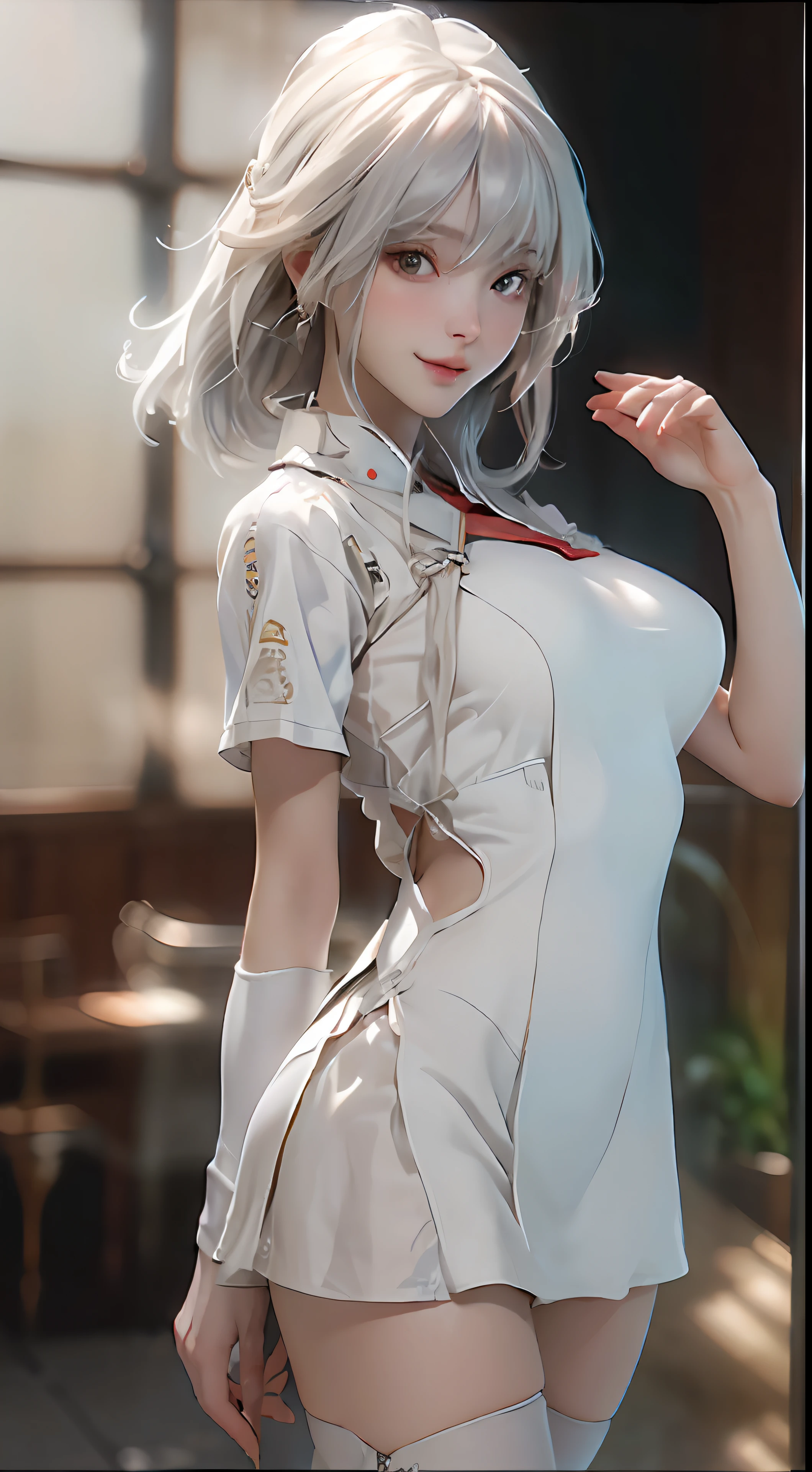 ((best qualtiy)), ((tmasterpiece)), (the detail:1.4), 3D, Beautiful female image of nurse,hdr(HighDynamicRange),Slender legs wear white suspender stockings,Transparent white nurse's uniform,Look at the audience with a smile,huge tit,Exposed body,Full body photo,white color hair,Ray traching,NVIDIA RTX,Hyper-Resolution,Unreal 5,Subsurface scattering、PBR Texture、post-proces、Anisotropy Filtering、depth of fields、maximum definition and sharpness、Many-Layer Textures、Albedo e mapas Speculares、Surface coloring、Accurate simulation of light-material interactions、perfectly proportions、rendering by octane、Two-colored light、largeaperture、Low ISO、White balance、the rule of thirds、8K raw data、