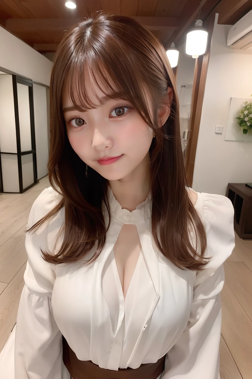 1girl、top-quality、masterpiece、illustratio、extremely delicate and beautiful、A highly detailed、CG、8k壁纸、astonishing、Attention to detail、masterpiece、top-quality、art by、Highly detailed CG 8k wallpapers、huge filesize、ultra-detailliert、hight resolution、ighly detailed、a beautiful detailed girl、extremely detailed eye and face、beatiful detailed eyes、(RAW Photography、top-quality)、(realisitic、Photorealsitic:1.3) 、Lights on the face、Mare、the beach、(Brown hair:1.3)、length hair、((Puffy eyes)), (K-pop idols), (Charming), bangss, skiny, ((Pose cute in front of the camera)), (a smile), happiness,watching at viewers、Dark eyeliner smile、natta、Nankoku Resort、cute little、Brown eyes、huge tit、爆乳、
