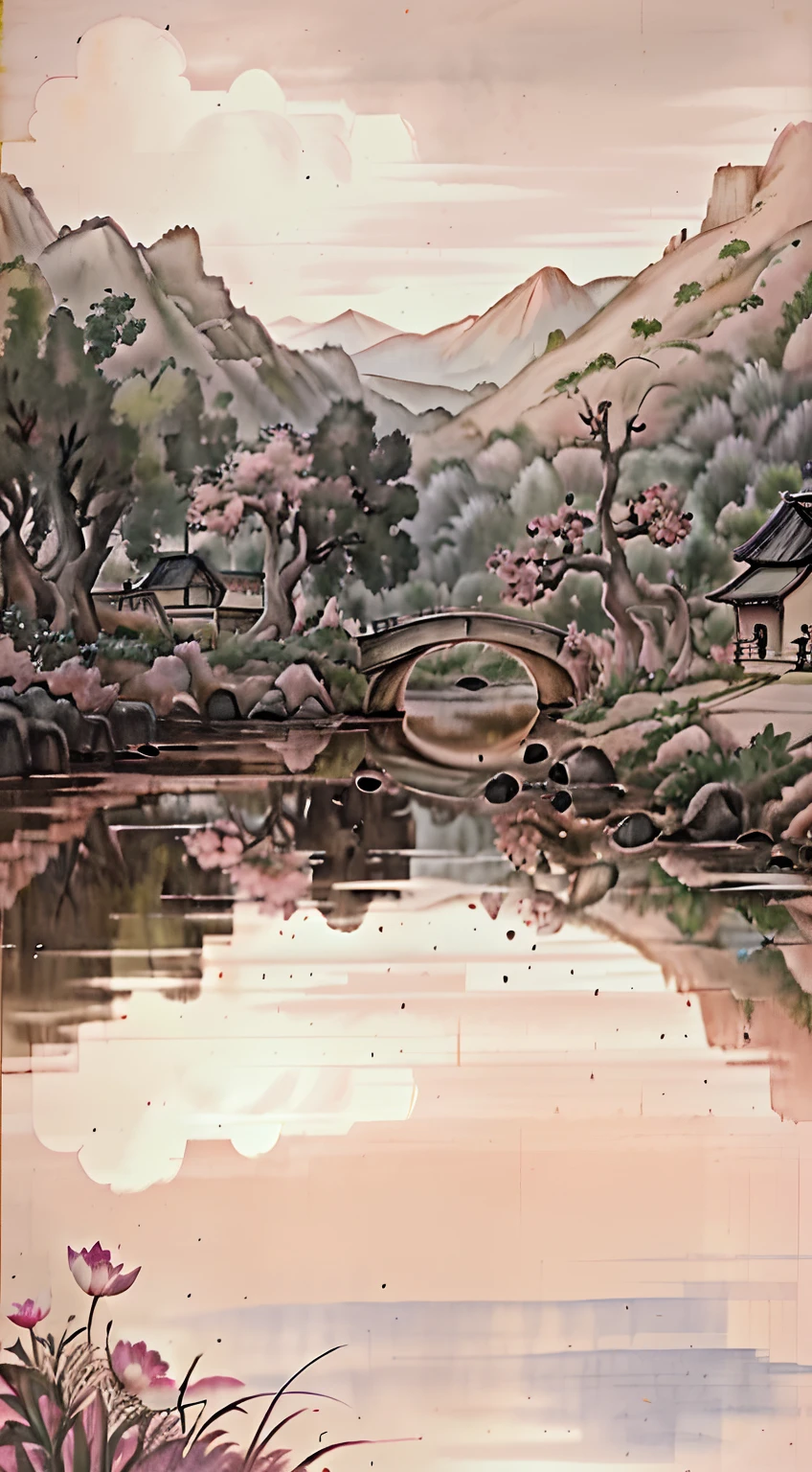 A faint flying bridge spans in the smoke,Iwaso asked the fishing boats to the west。Peach blossoms flow with water all day long,Where is the cave on this side of Qingxi(A landscape painting full of illusory artistic conception),(There is a huge ripple pool),(There are a lot of scattered ones floating on the surface of the pond(Light pink peach blossoms:1.2)of flowers),There are some old thatched huts by the pond,(A river that flows into the distance,(fishing boat:1.2)),(There is a piece on the shore(Peach grove:1.2),(Pale pink flowers),(The setting sun shines obliquely through the clouds),(The whole painting is made with distinctly black ink:1.3),(Light particle effect),(Masterpiece),(Extremely detailed picture description),(8k wallpaper),(Master painting),(Ink painting style is strong:1.2),(Noticeable light and shadow effects),(Ray traching),(Obvious layers),(depth of fields),(best qualityer),Ray