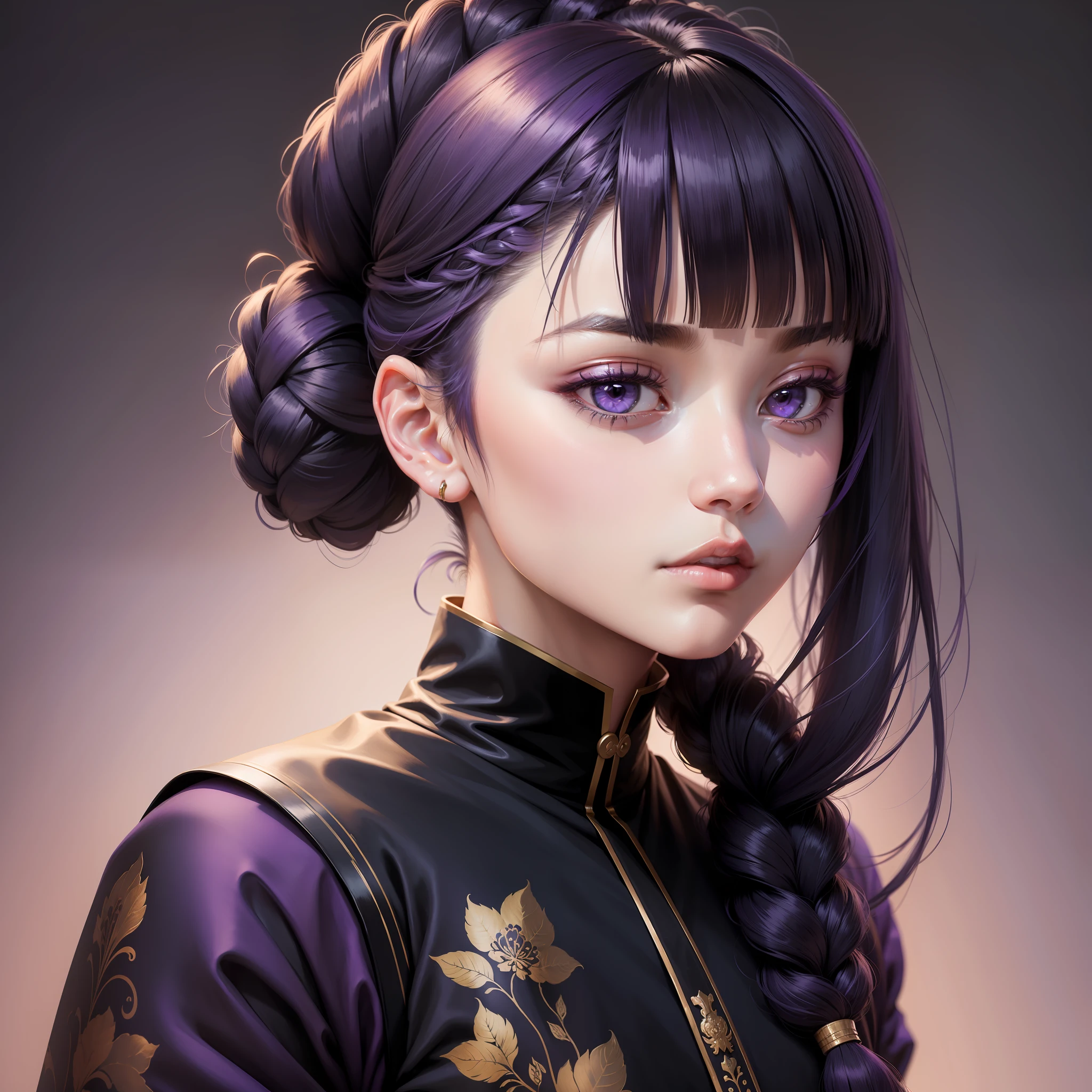 woman, Portrait, Masterpiece, Painting, korean style hair, Long hair, hair-bun, Braids, professional hair stylist, ornate hair, abstract backgrounds, Purple eyes, Dark blue hair, ((Blunt bangs))