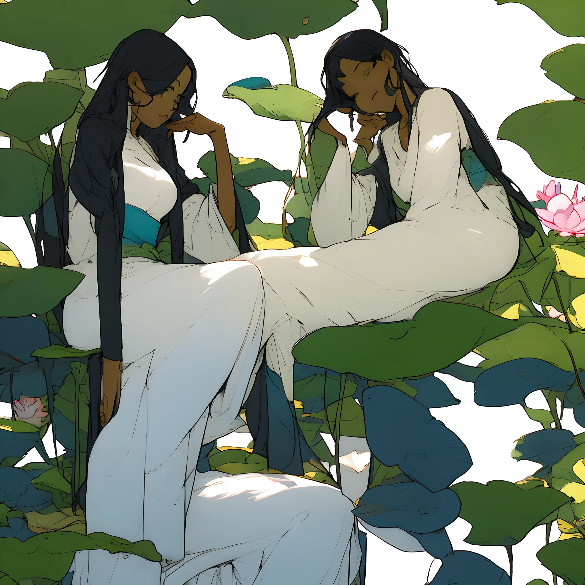 Sitting by a lake full of lotus flowers, feet playing in the water, the art depicts a charming woman with a melon face, dressed in a flowing, silky traditional oriental dress, long, aqua blue, decorated with intricate patterns and bright colors. Her dress ...