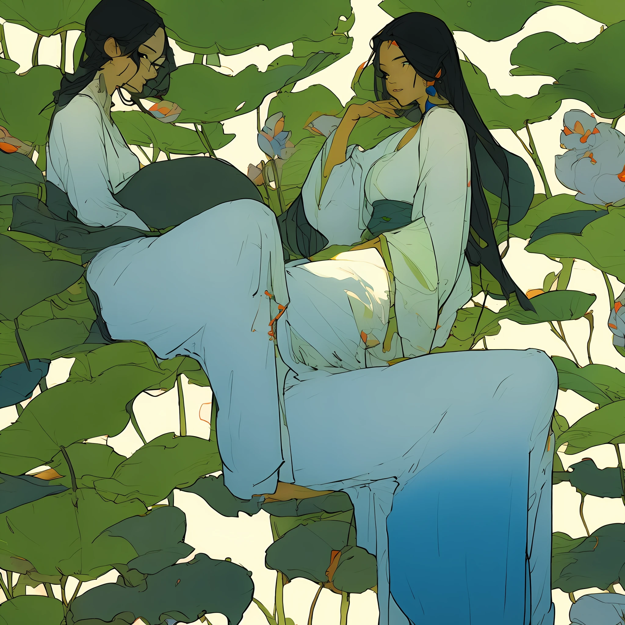 Sitting by a lake full of lotus flowers, feet playing in the water, the art depicts a charming woman with a melon face, dressed in a flowing, silky traditional oriental dress, long, aqua blue, decorated with intricate patterns and bright colors. Her dress ...