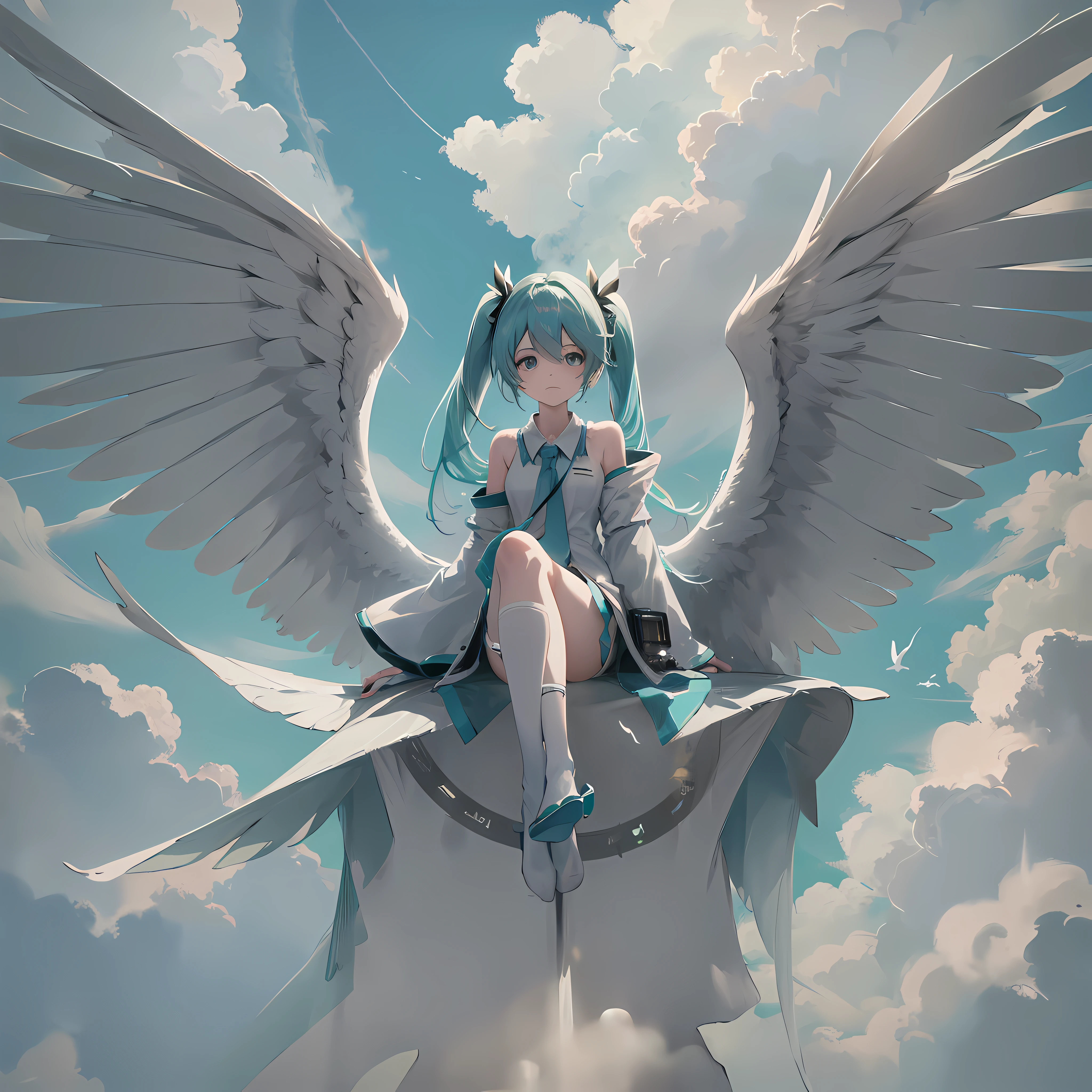 hatsune miraku, sitting, front view, wide angle, looking at the viewer, on the clouds, clouds, detailed birds, detailed appearance, octane renderer, realistic 3D, sunlight, actual rendering, screen space reflection, ssao, water reflection, underground scattering, edge lighting