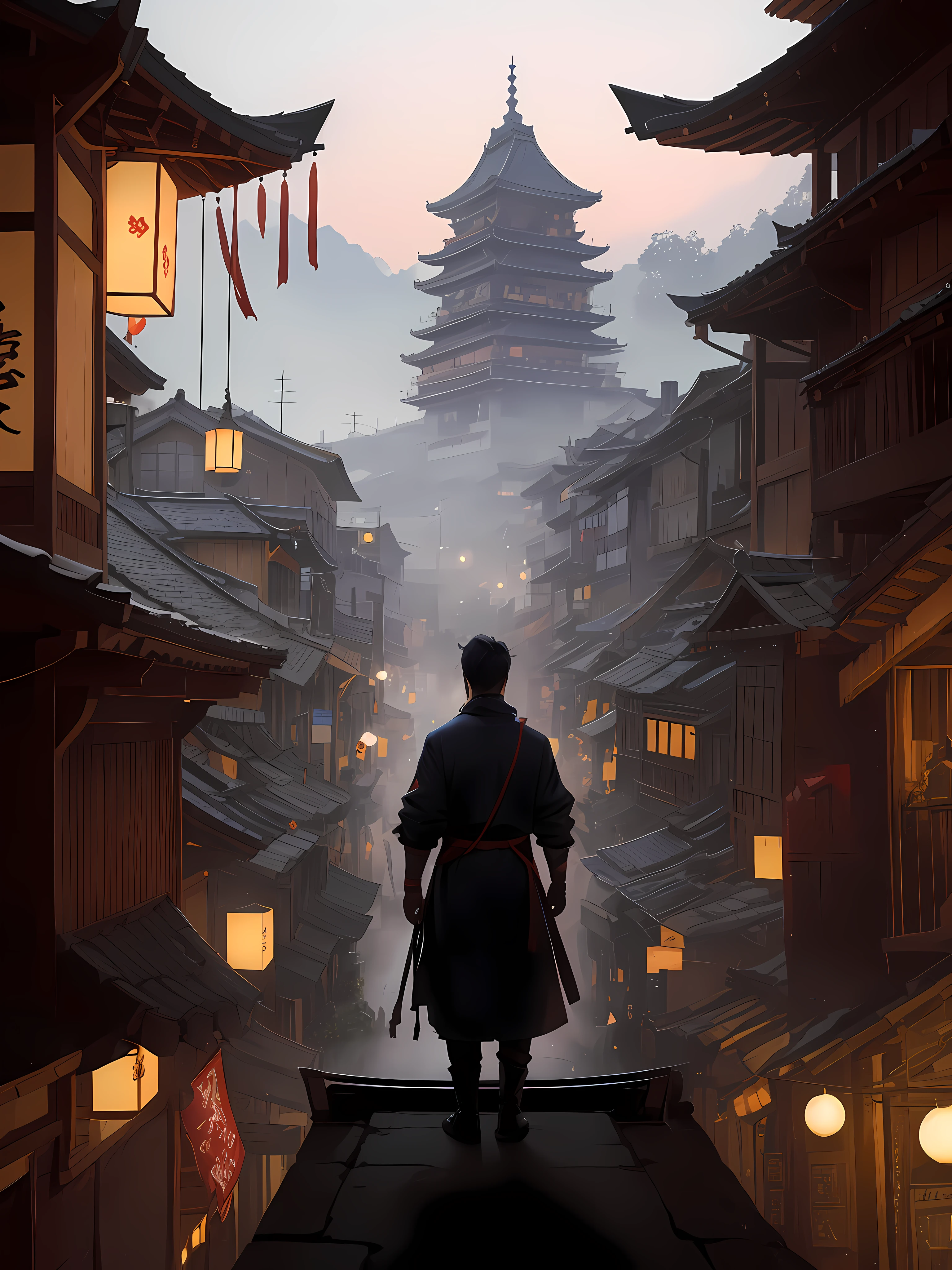 Imagem de um homem com uma roupa tradicional caminhando por uma rua, Cidade chinesa sonhadora, Cidade japonesa, Arte no estilo de Guweiz, Atey Ghailan 8 K, Cidade japonesa, inspired by Kanō Hōgai, Cyberpunk Chinese Ancient Castle, Inspirado em Quioto, Chengwei Pan em ArtStation, artstation mans aesthetic