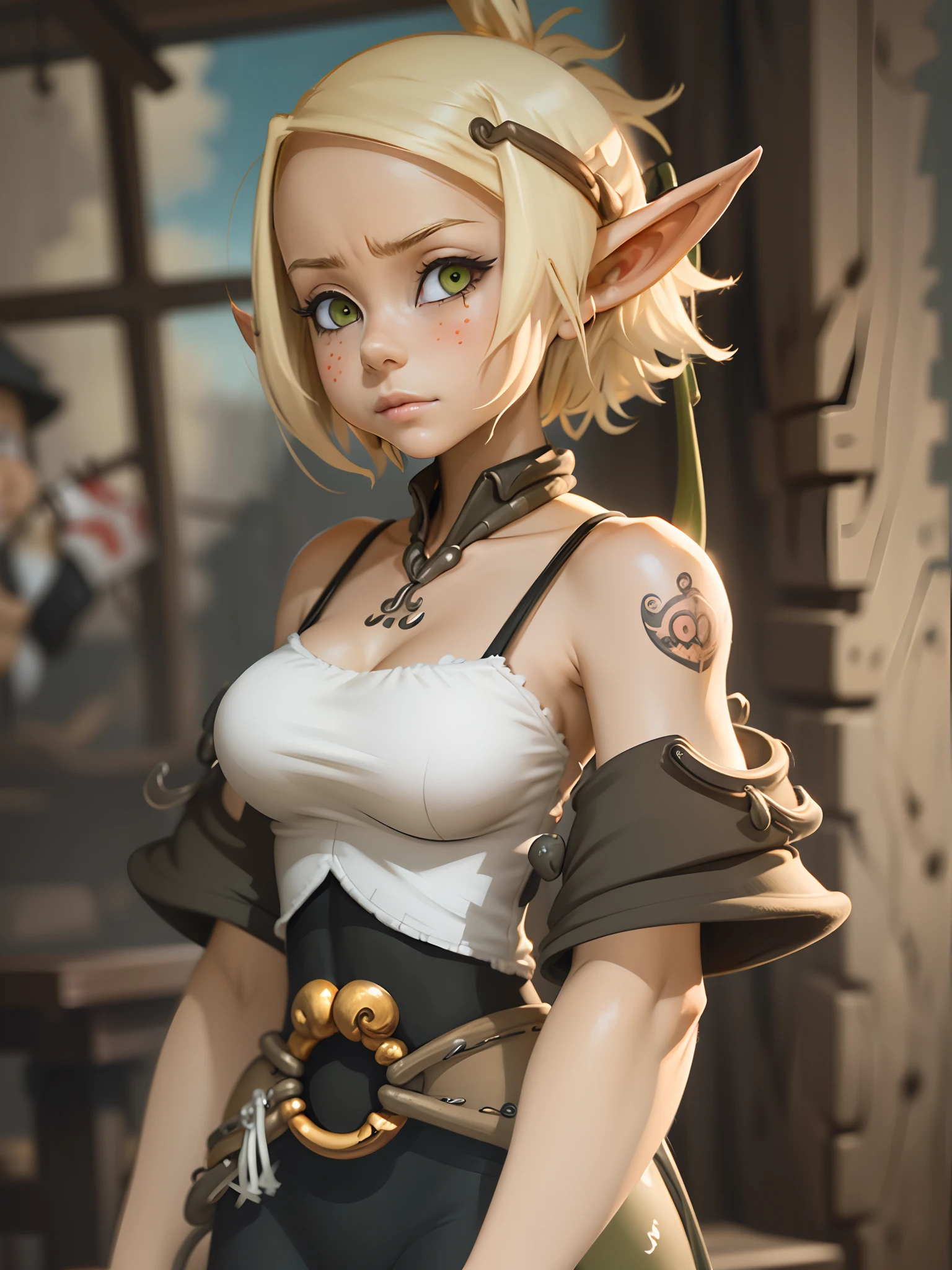 blond short hair ,(best quality), (ultra detailed),(disheveled hair),(illustration), (1girl), (Fashionable clothing), standing, Fashion model, masterpiece, best quality, bow, elf girl