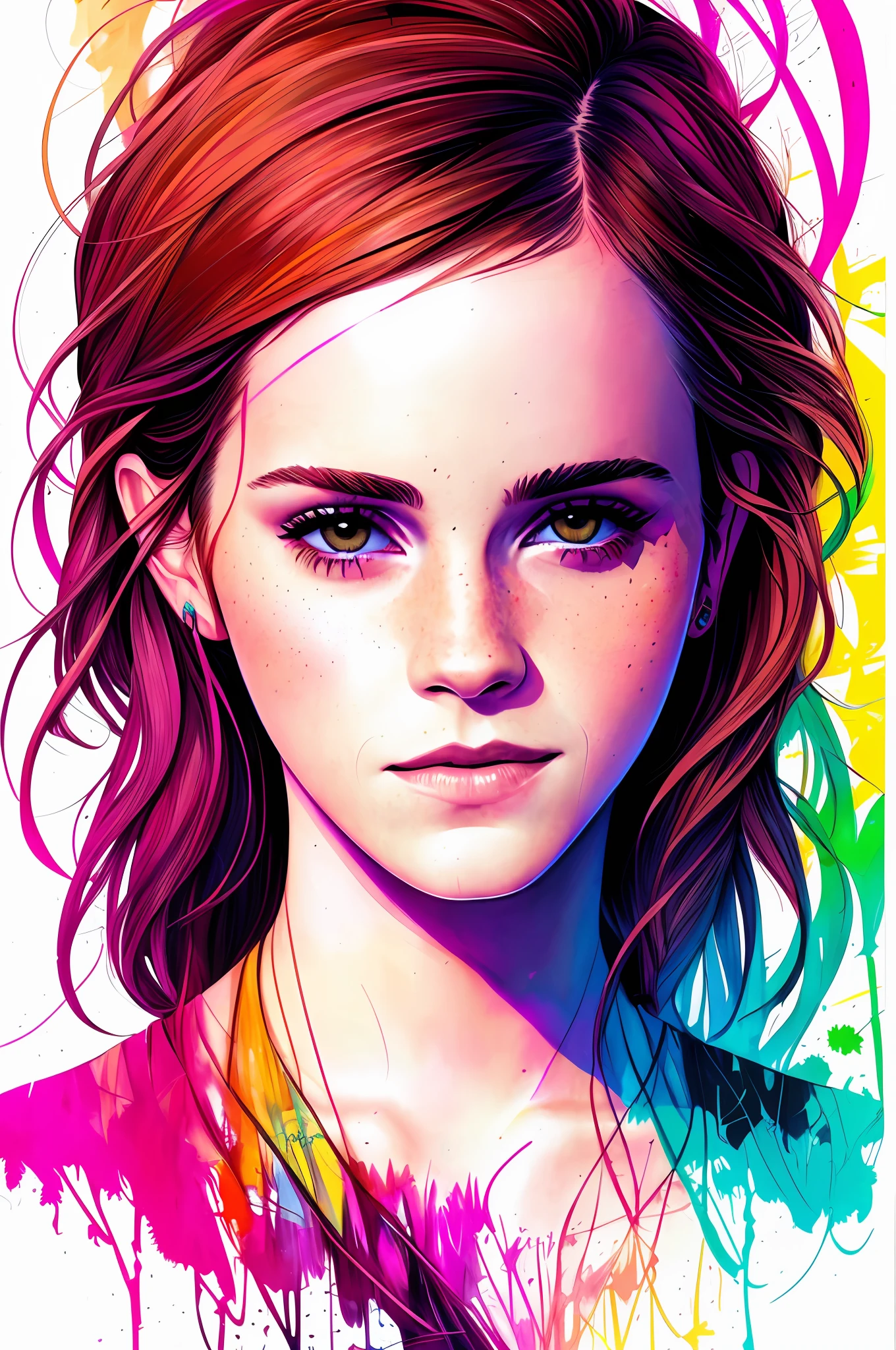 Emma Watson, centrada, visual clave, intrincada, altamente detallada, Belleza impresionante, Lineart preciso, Vibrant and complete cinematics, Carne Griffiths, Conrad Roset, (the most beautiful portrait in the world: 1.5)