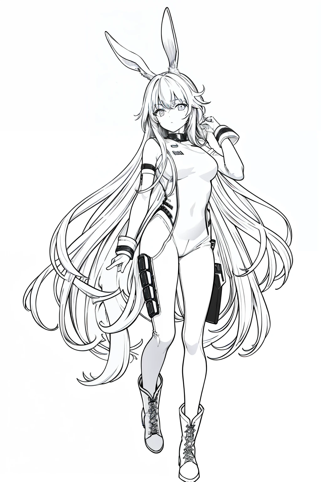 masterpiece, best quality, (detailed background),High contrast, 1girl, long messy hair, messy hair, messy bangs, sharp eyes, boots, body suit, hero, rabbit ears and tail, full body, cowboy shot,(white background:1.5),clean lineart,