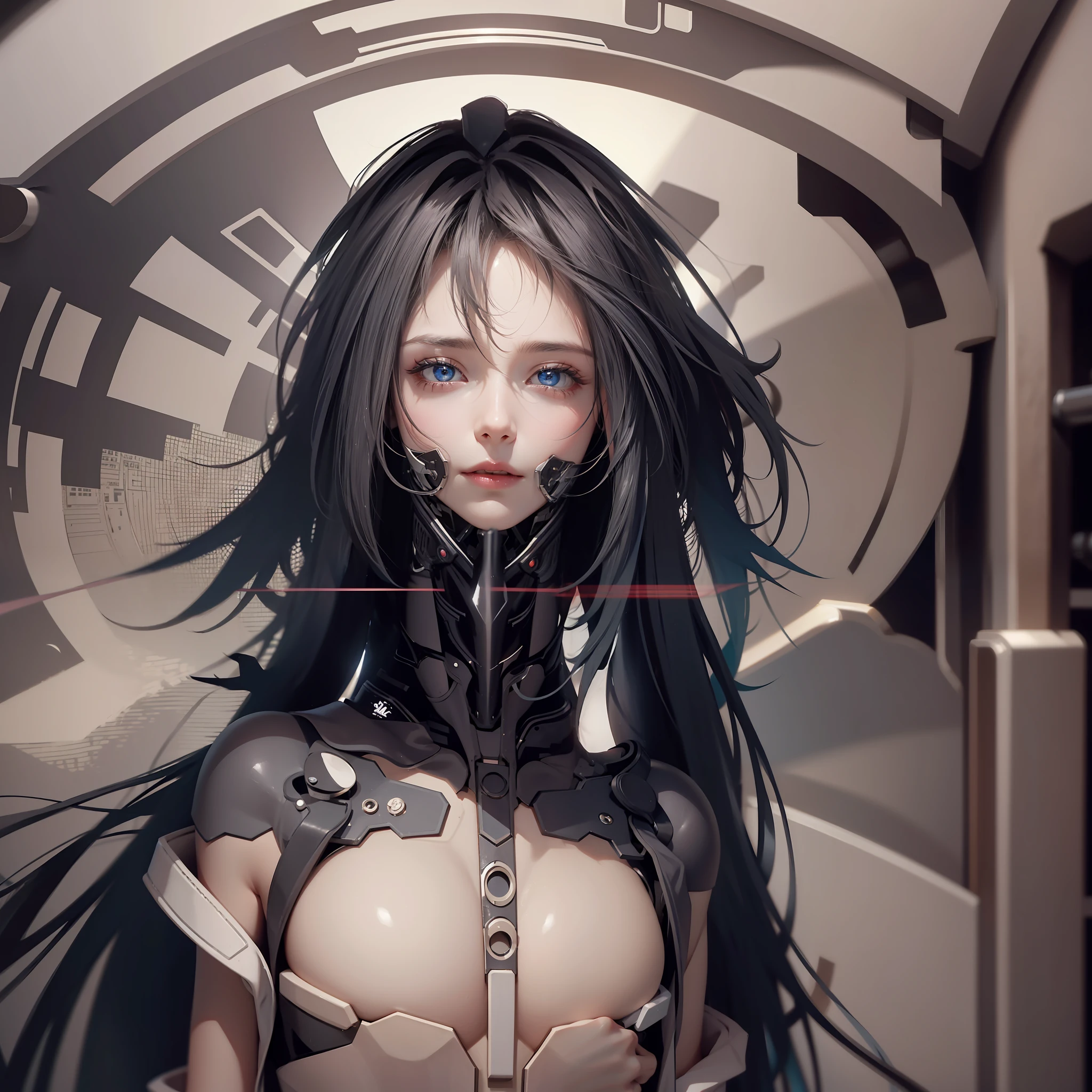 Top image quality、Cyber Girl、shiny black straight long hair、Cute eyes、Complex structures of the near future