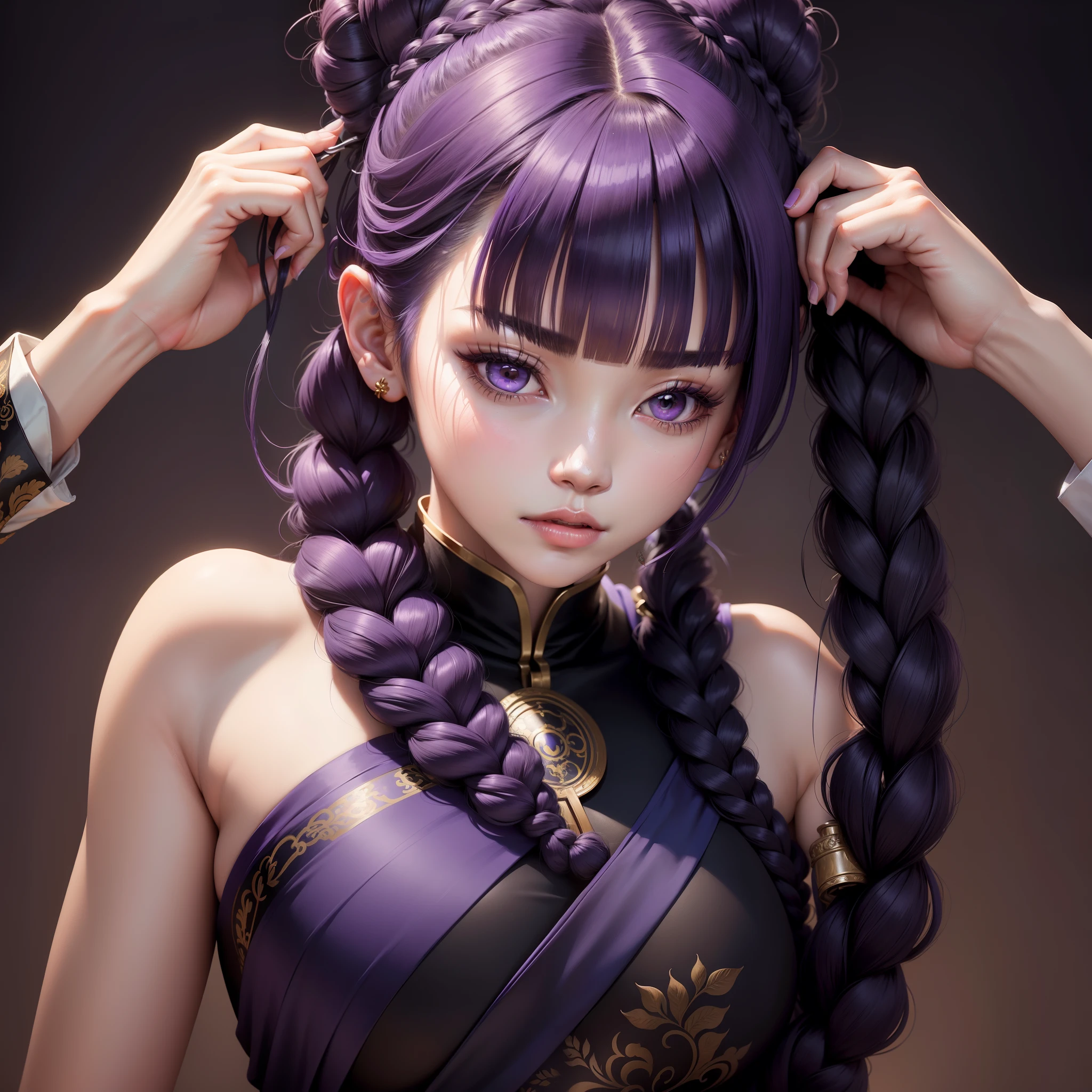 woman, Portrait, Masterpiece, Painting, korean style hair, Long hair, hair-bun, Braids, professional hair stylist, ornate hair, abstract backgrounds, Purple eyes, Dark blue hair, ((Blunt bangs))