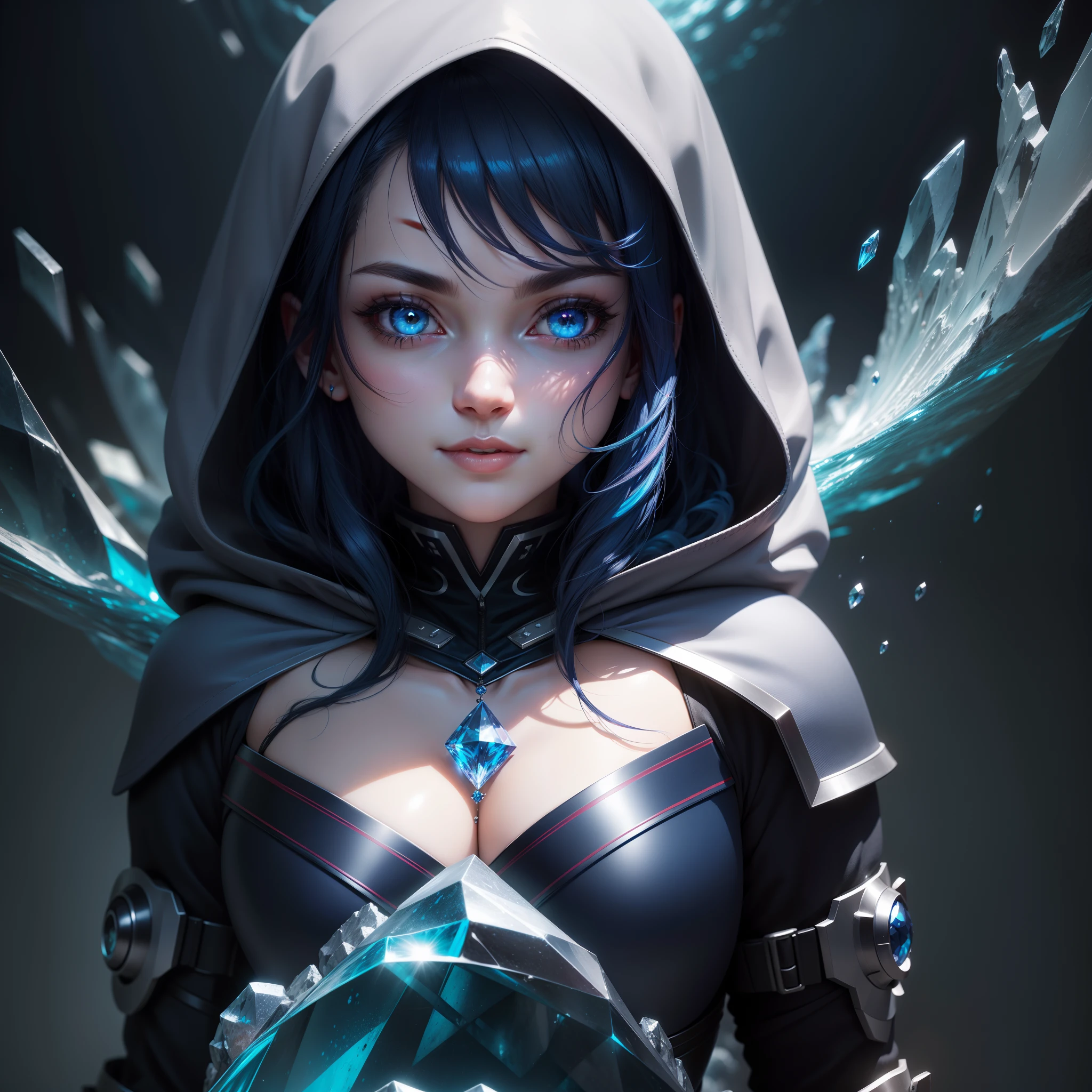 dark blue hair, crystal hair, hood, halo, heart-shaped pupils, mismatched pupils, heterochromia, light smile, Surrealism, anime style, depth of field, partially underwater shot, close-up, 8k, super detail, textured skin, 4K, highres