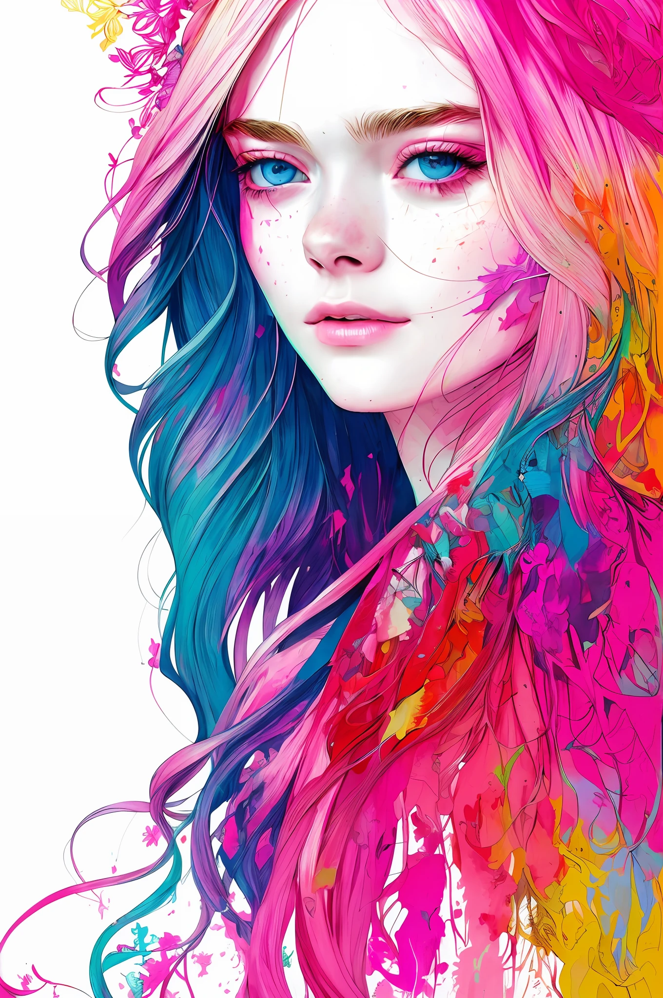 Elle Fanning, centrada, visual clave, intrincada, altamente detallada, Belleza impresionante, Lineart preciso, Vibrant and complete cinematics, Carne Griffiths, Conrad Roset, (the most beautiful portrait in the world: 1.5)
