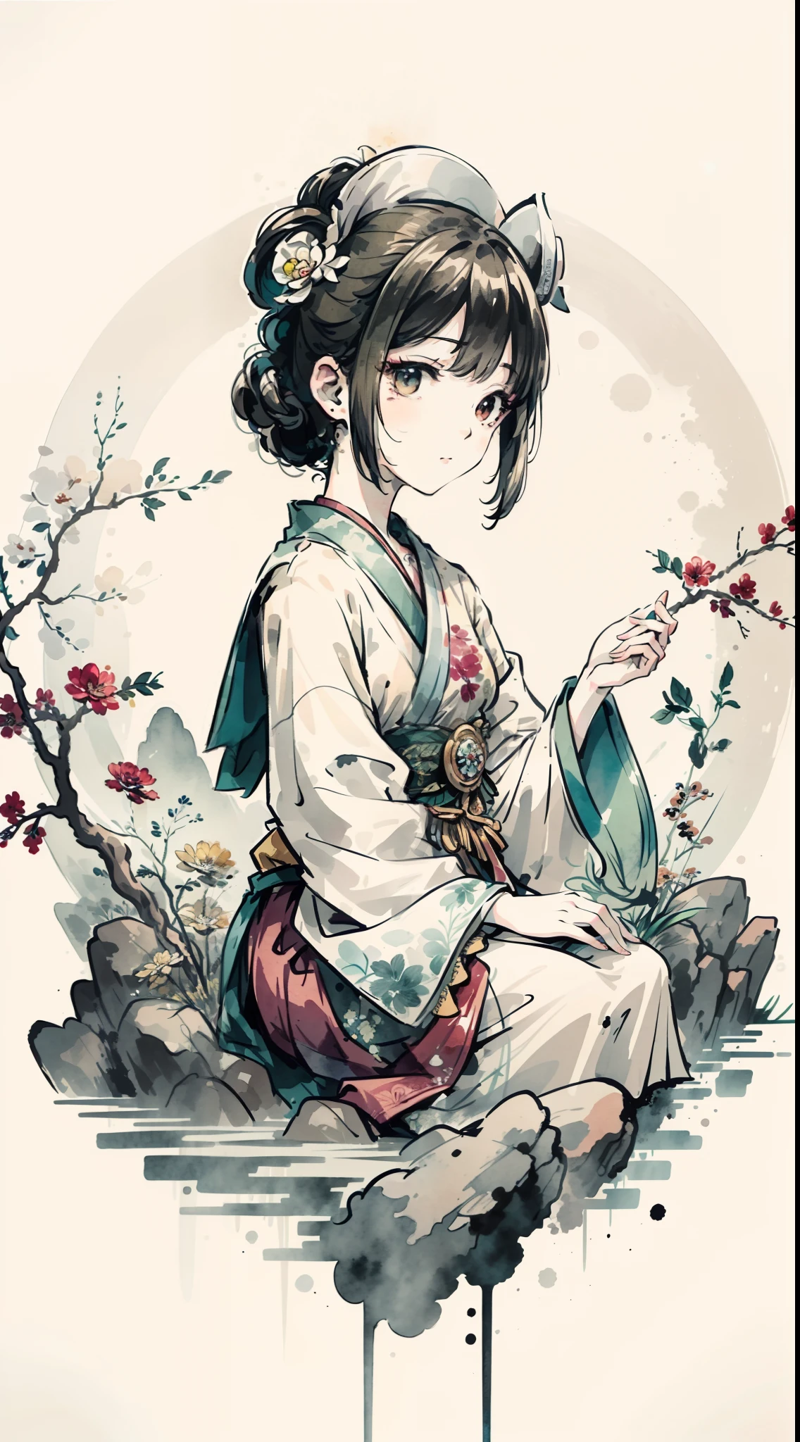 (Master masterpieces,high qulity,Very detailed,Perfect artwork,CG),(ink wash style:1.5),Defocused,kinds of colors,The art of paper,illustration,white background, scenery,one-girl,Oriental elements,vanity table,mirror surface