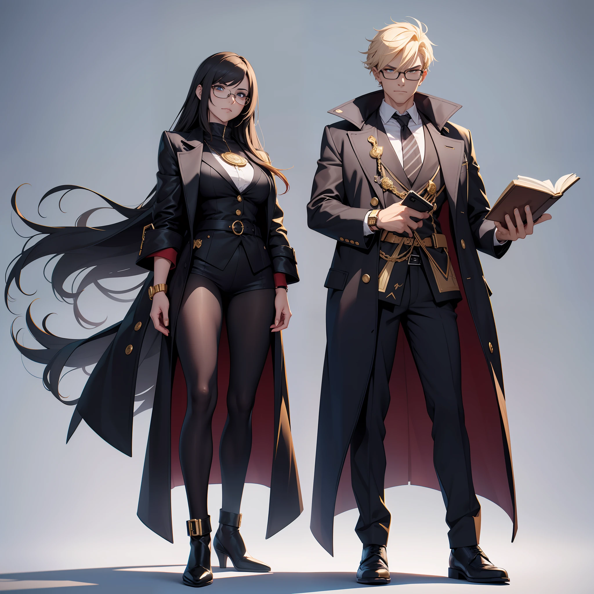 1male people, Sharp eye light, ruthless look, loan shark, Gold rim glasses, Golden rugged watch, Pointed leather shoes, Holding a large book in one hand, tchibi, Smartphone game characters, Fantasyart, Full-body view from head to toe, simple background, 8K, 3D, 4 head body, masutepiece, Best Quality,A detailed face,