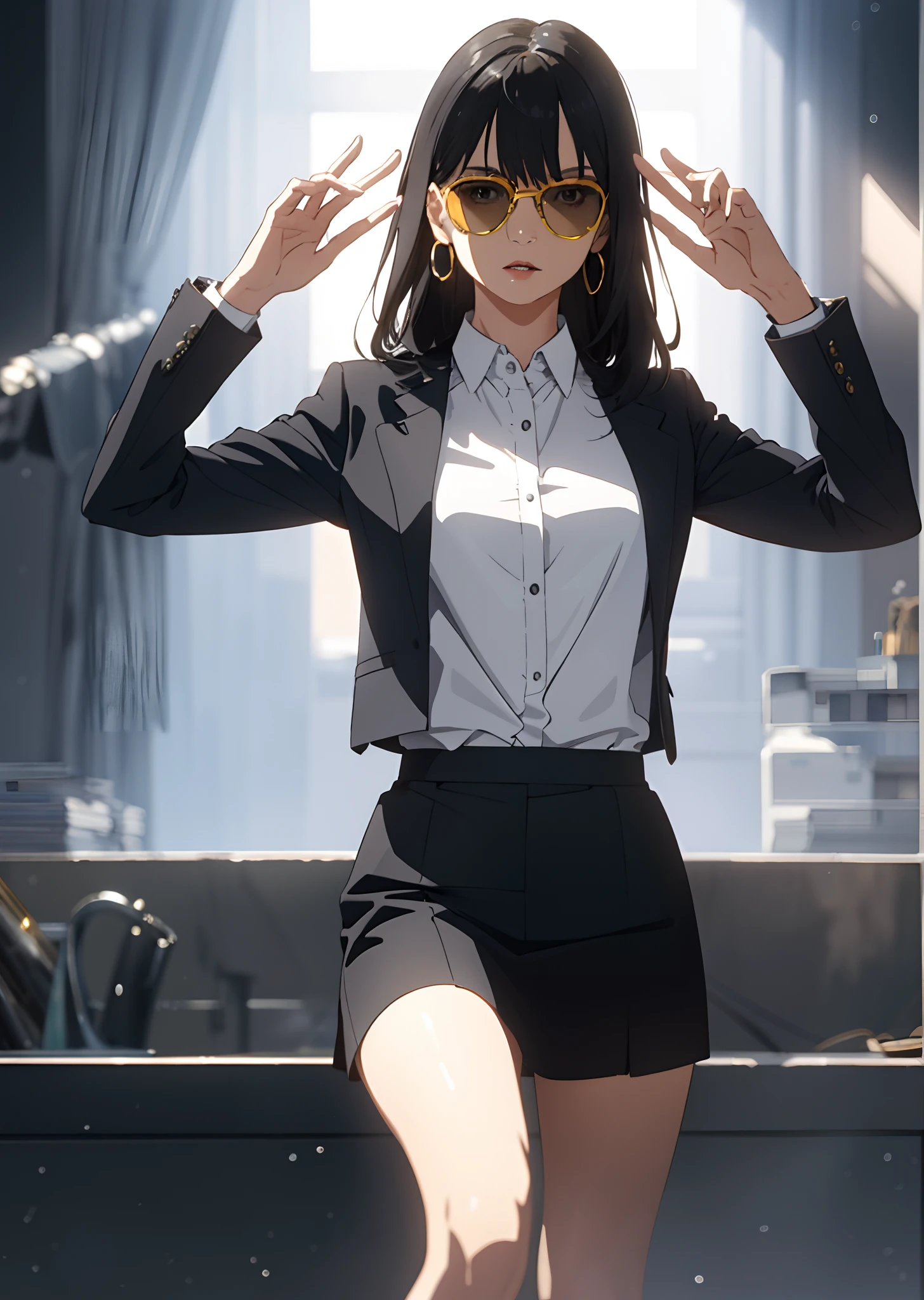 (tmasterpiece,best qualtiy),独奏,1girll,young ,Evil look,looking at viewert,Brown eyes,long whitr hair,Completely black hair,Qi bangs,Commercial suit top,black long sleeves(The best quality),black short skirt,With translucent sunglasses on his face,beautidful eyes,Only 2 arms,Only two hands,Black star earrings, (Wallpapers), (8k hdr), (8k hdr)