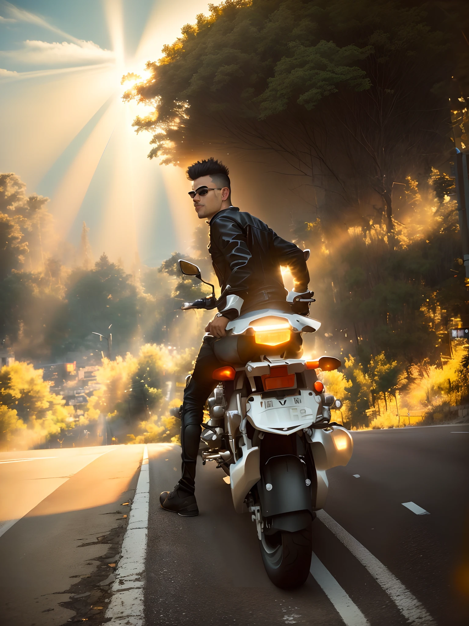 there is a man that is sitting on a motorcycle on the street, without helmet, riding on the road, on a road, riding a motorbike, very artistic pose, riding a motorcycle, with backdrop of god rays, taken with sony alpha 9, standing in road, taken with the best dlsr camera, sitting on a motorcycle, shot on gopro9, cool pose