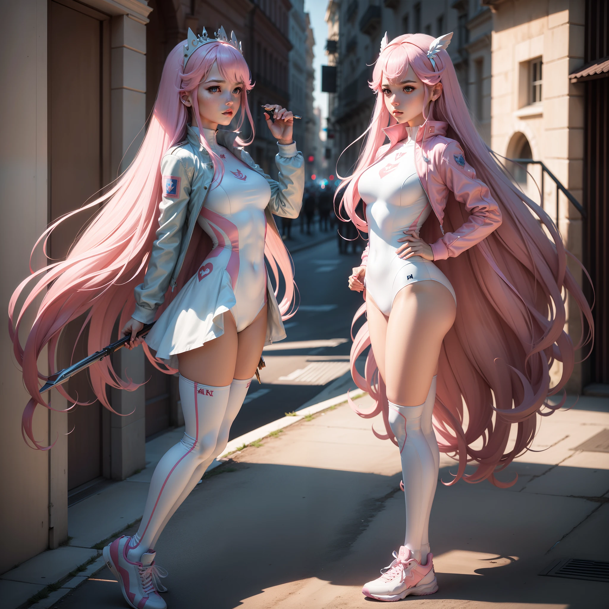 Masterpiece,Alice, Goddess of Victory,long whitr hair,Pink one-piece gel coat,tightsuit,Jacket jacket,White sneakers,handheldweapons,8K