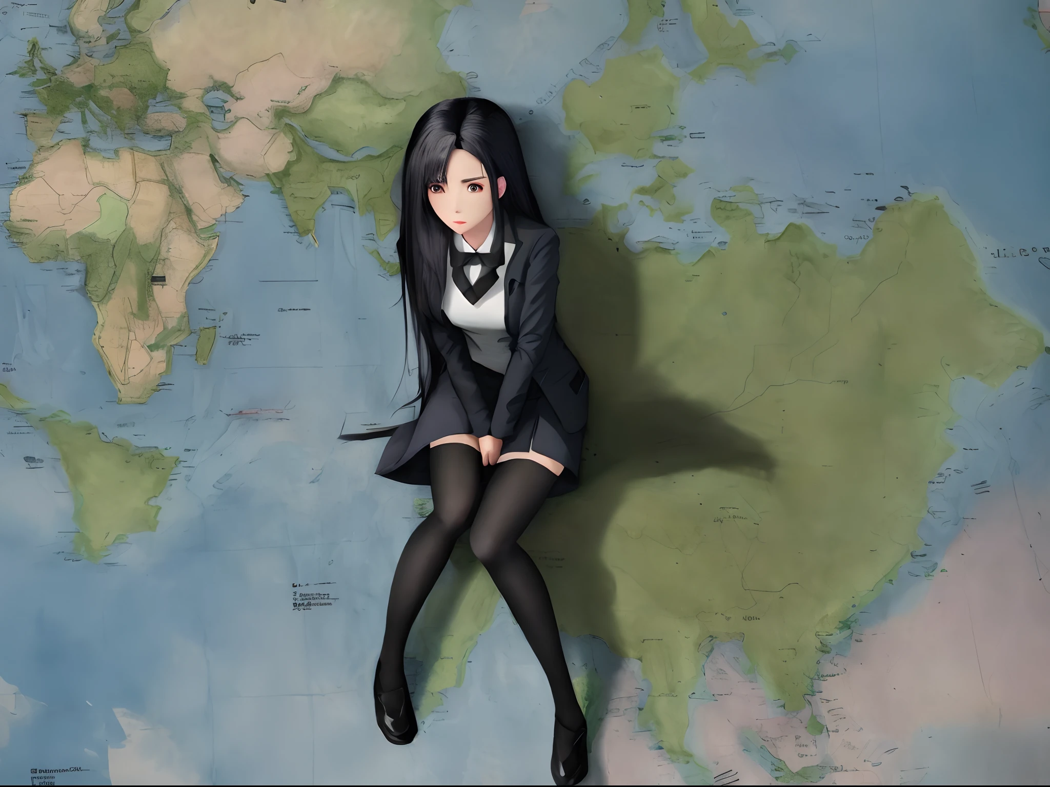the girl with black hair，quadratic element，Red eyes，long whitr hair，uniform，Drawing board，World map，WWII