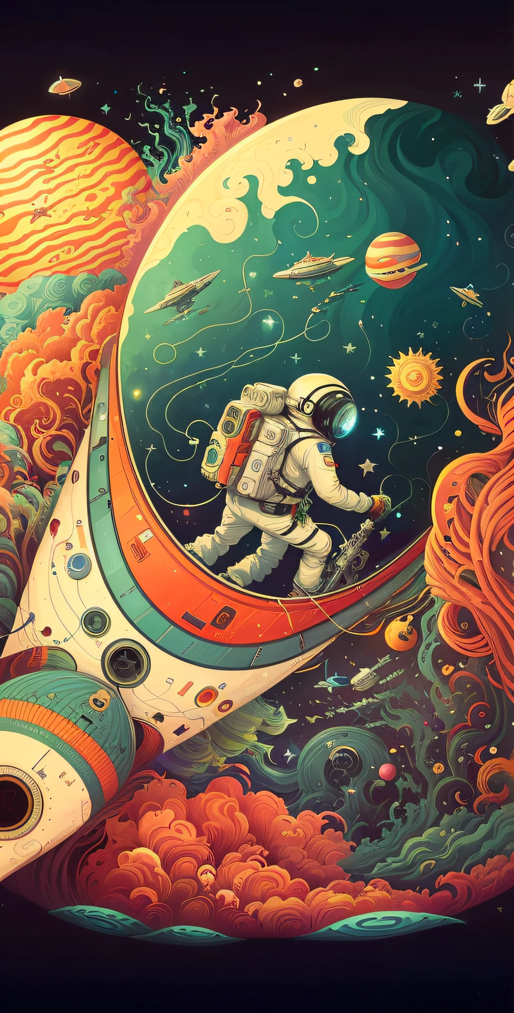 Astronauts in spacesuits float on a spaceship surrounded by planets, Space travelling, Space travelling, psychedelic illustrations, psychedelic surreal art, Inspired by Cyril Rolando, cyril rolando and m. Kaluta, cyril rolando and m.Kaluta, trippy art, Surreal space, psychedelic artwork, cosmic space, sci-fi illustrations